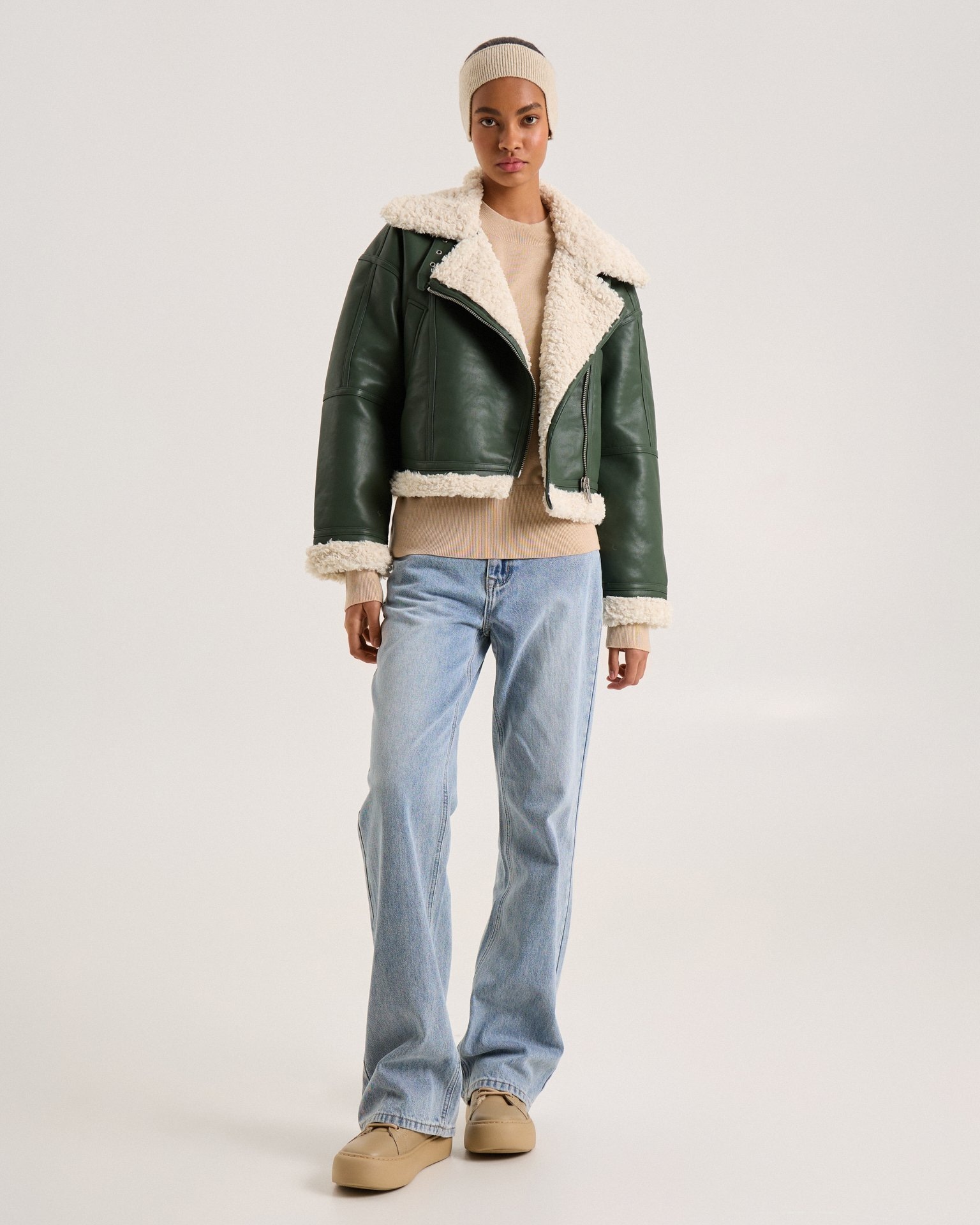 Insulated suede coat in emerald