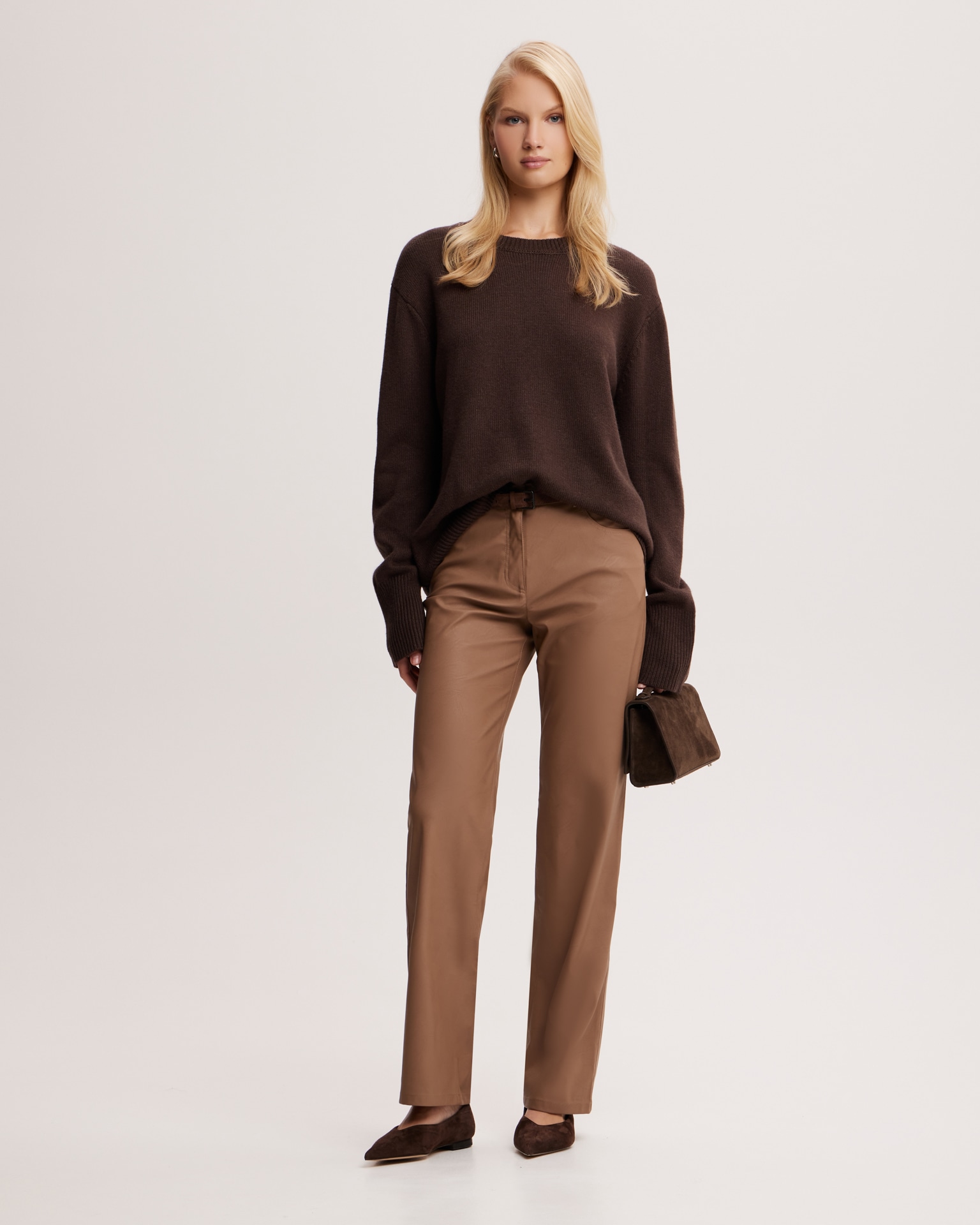 Coffee-coloured eco-leather trousers
