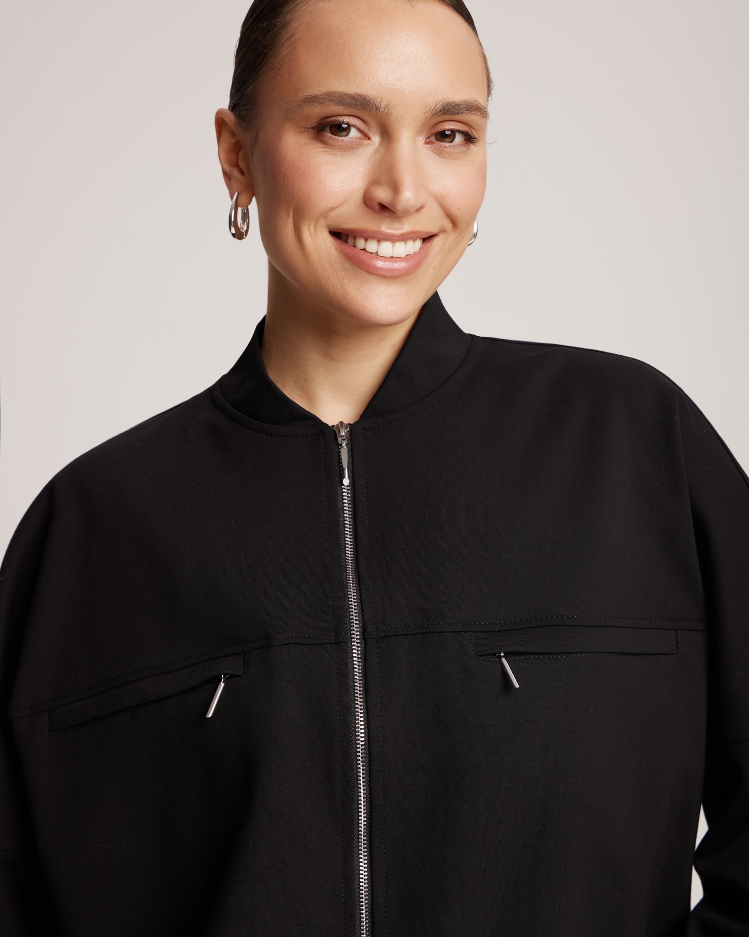 Black bomber jacket with adjustable ribbed hem, Black — photo 4