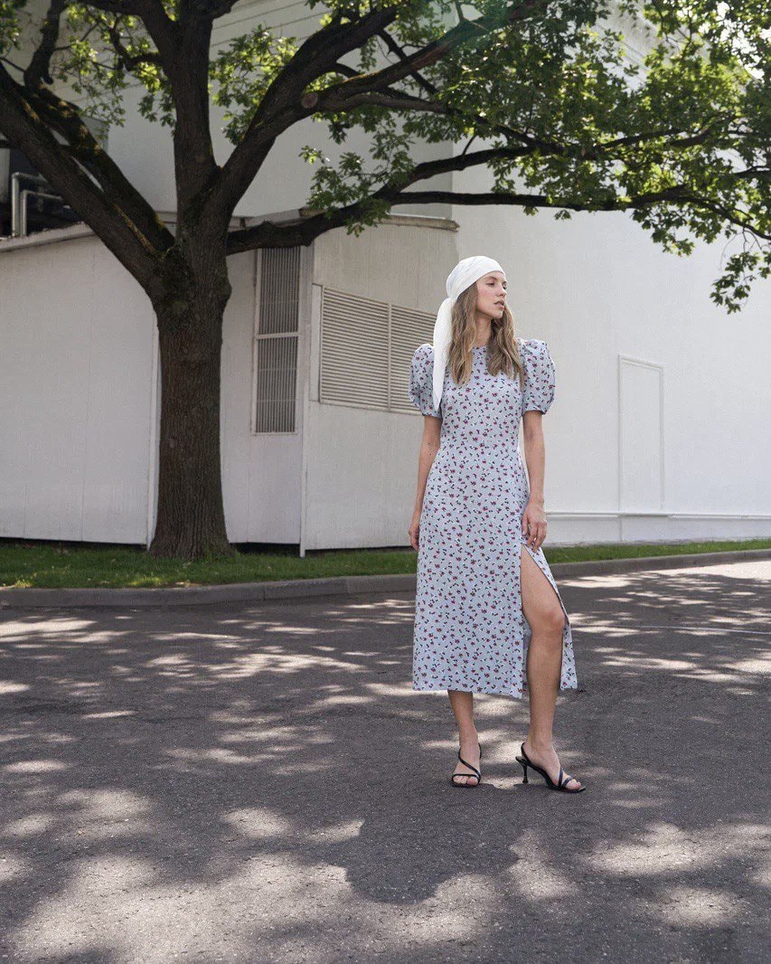 Floral Dress with Slit, Blue — photo 8