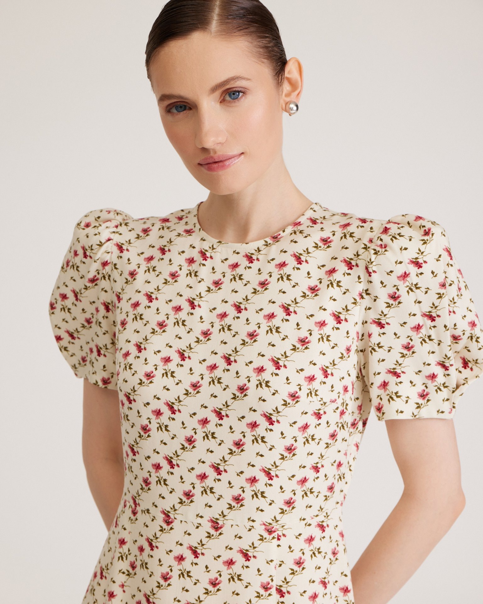 Dress with Floral Print, Cream — photo 5