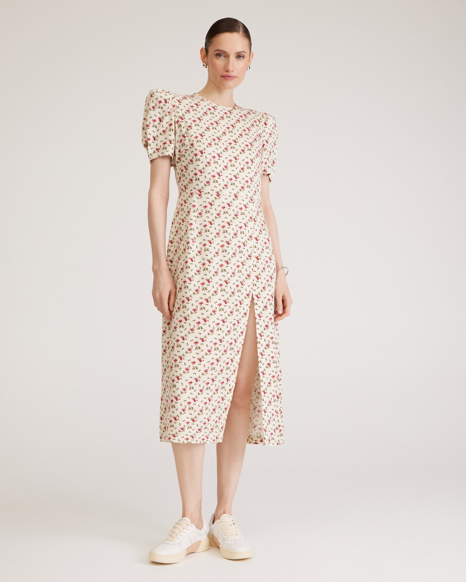 Dress with Floral Print, Cream — photo 2