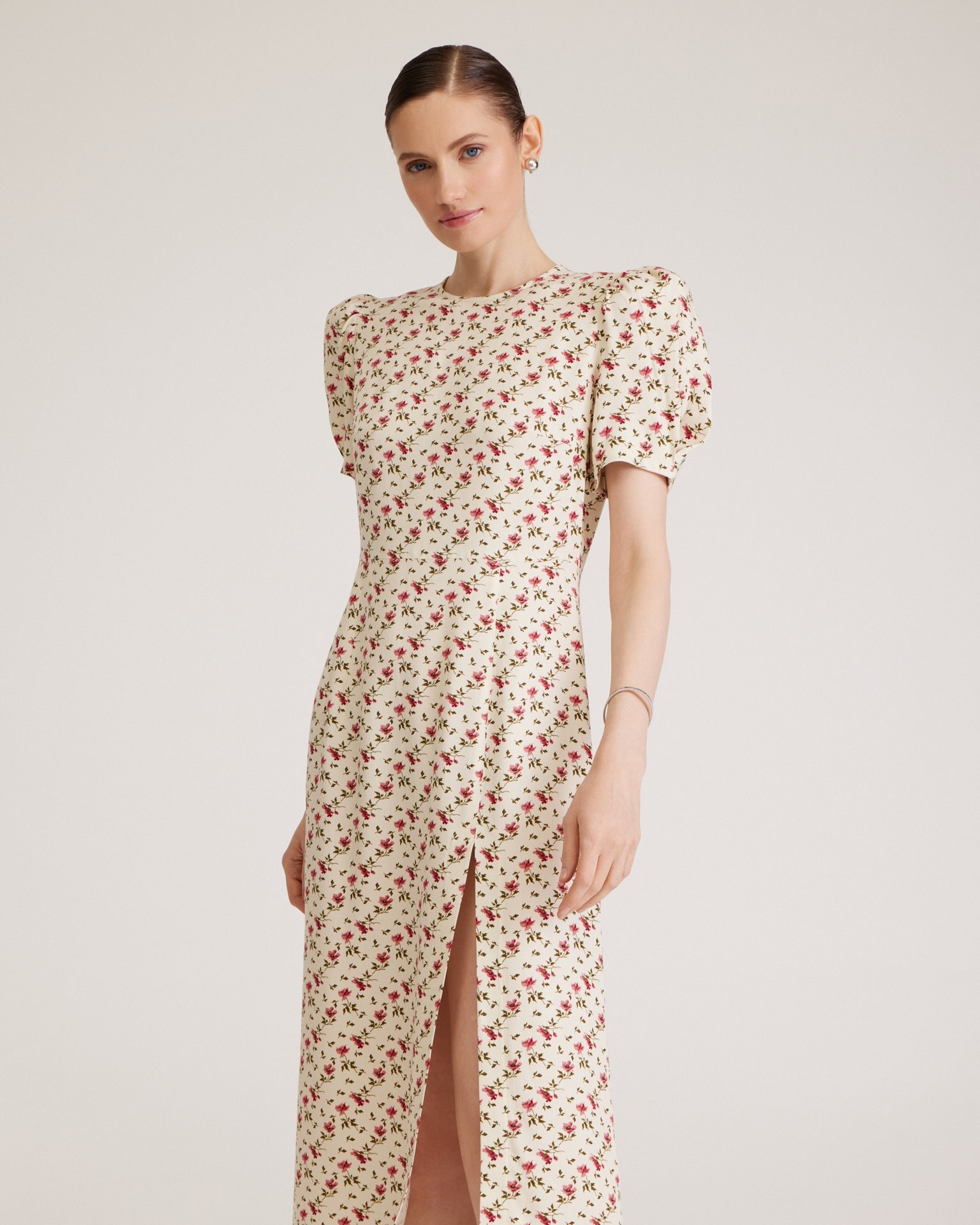Dress with Floral Print, Cream — photo 4