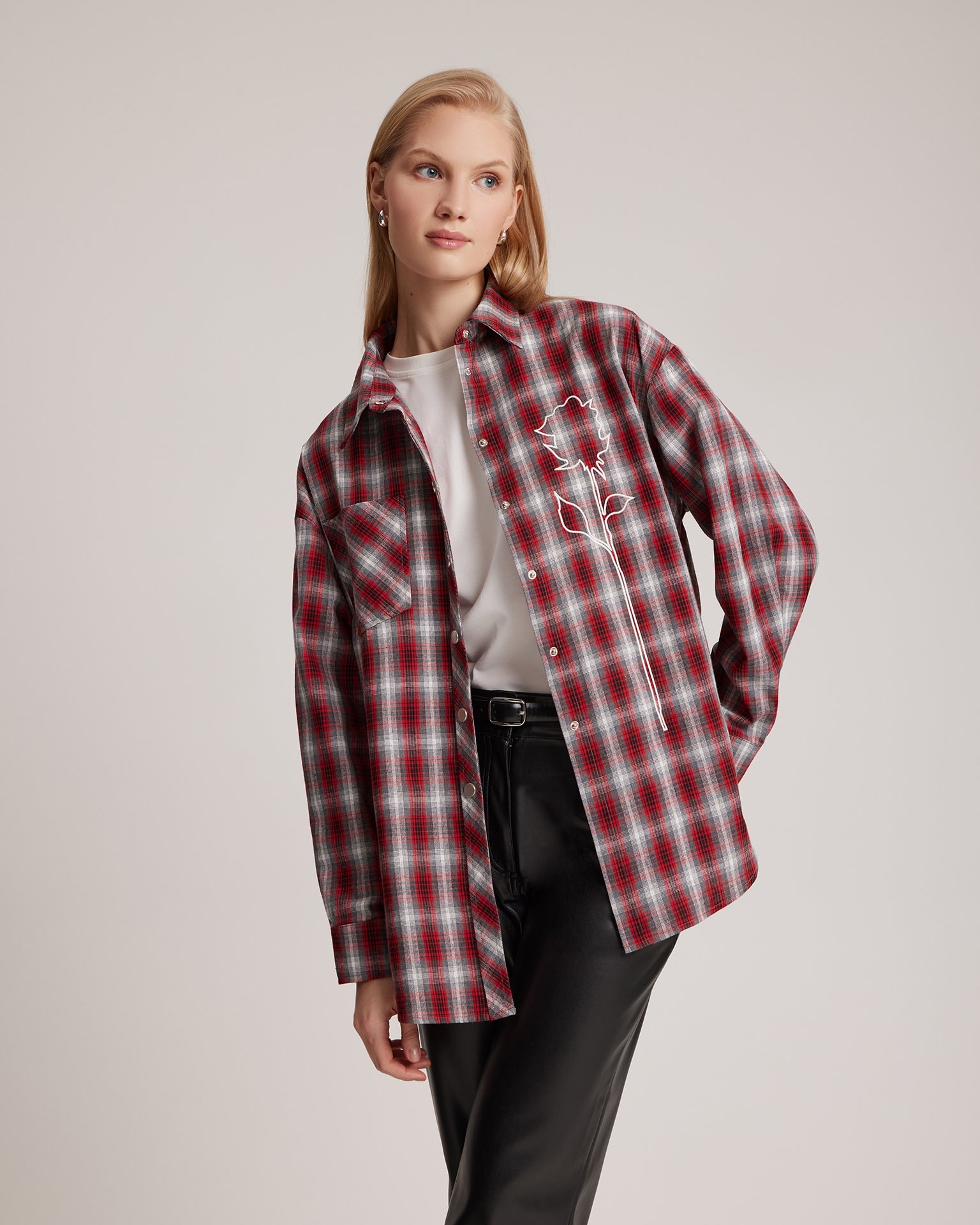 Shirt with designer 'Rose' embroidery, Red