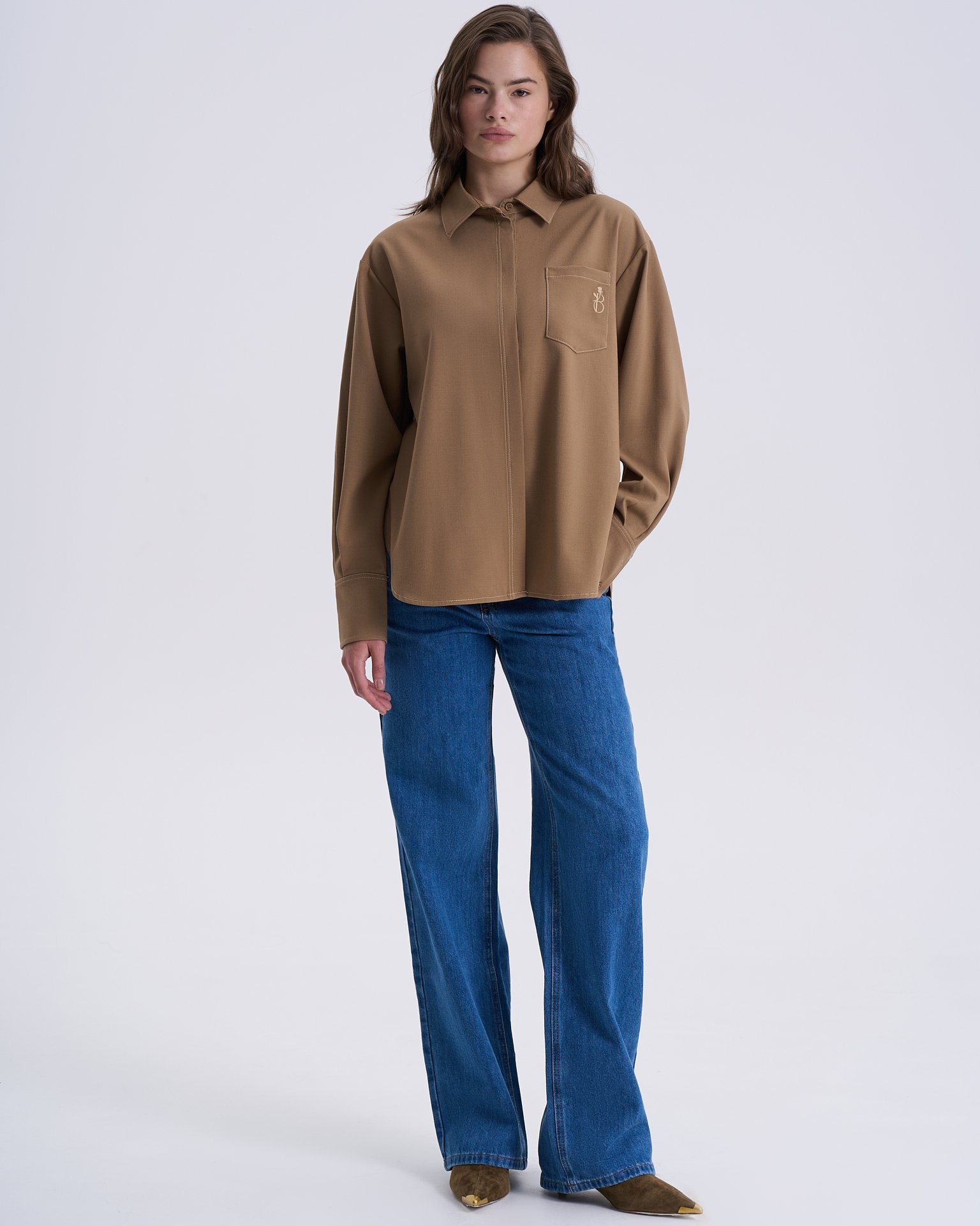 Shirt with hidden buttons, Dark Beige — photo 2