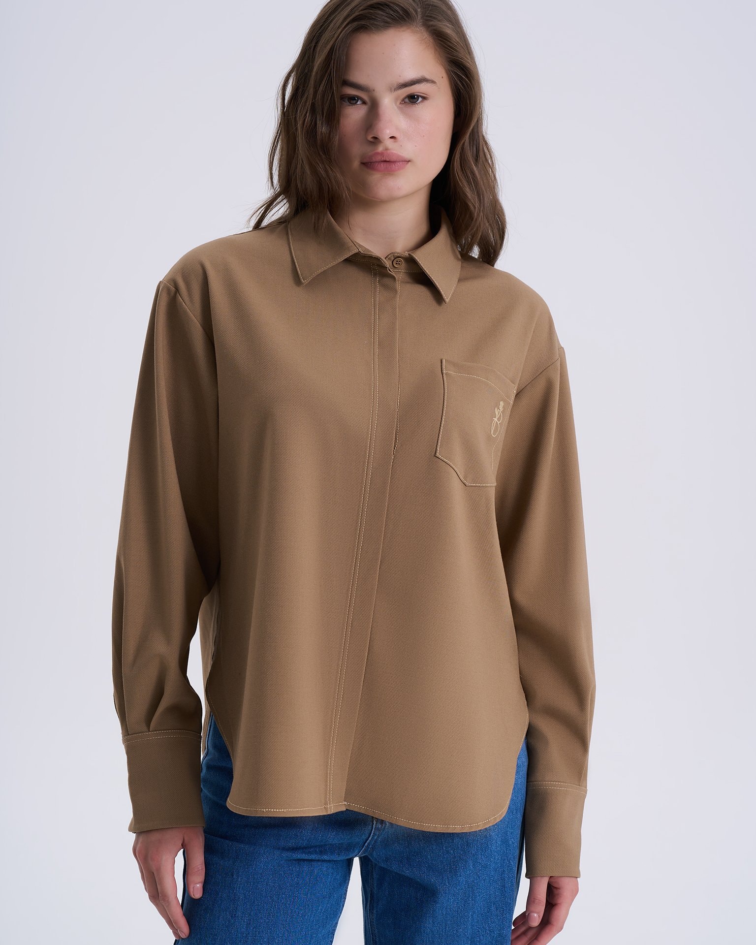 Shirt with hidden buttons, Dark Beige — photo 3