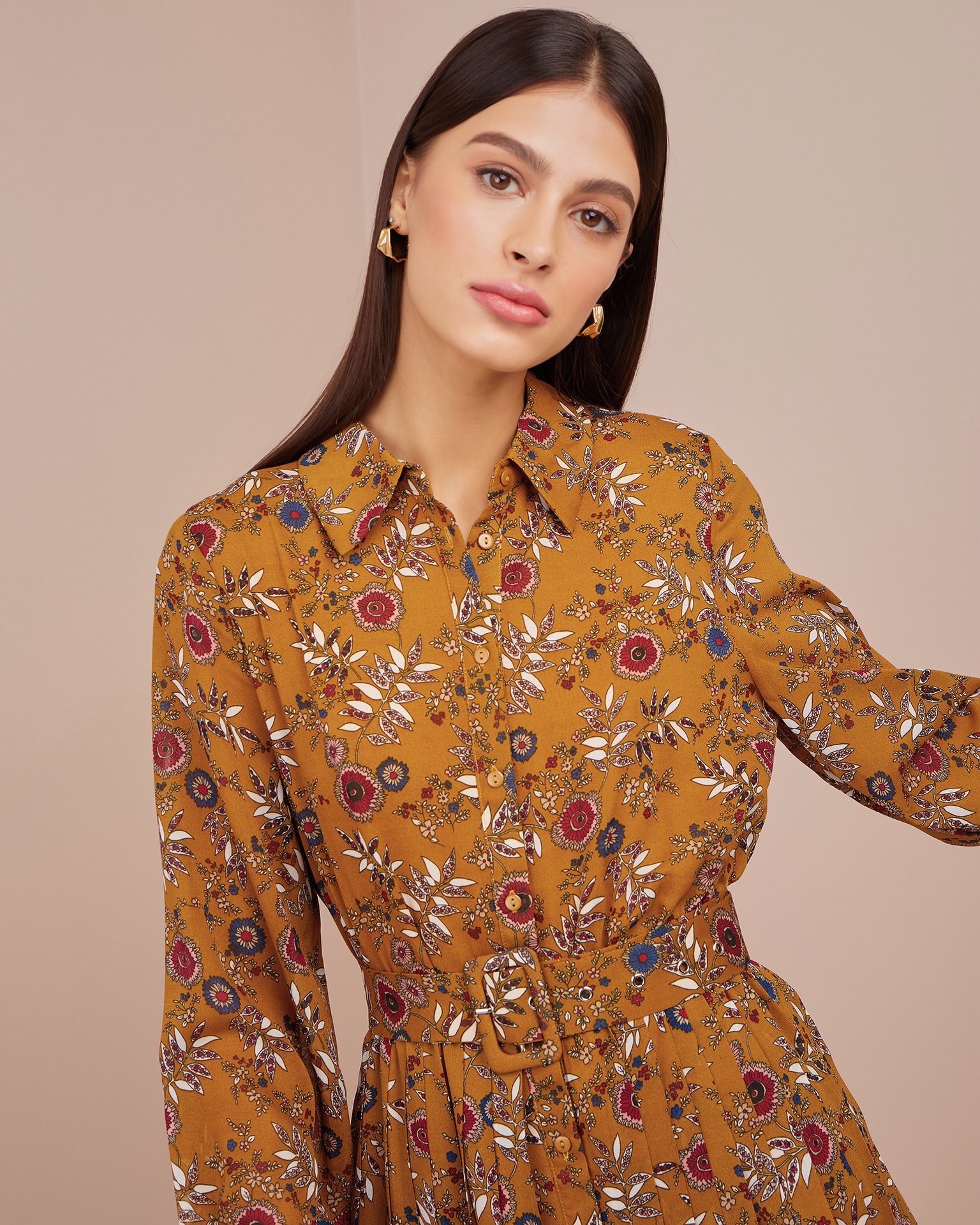Flowing dress with a collar, Yellow — photo 4