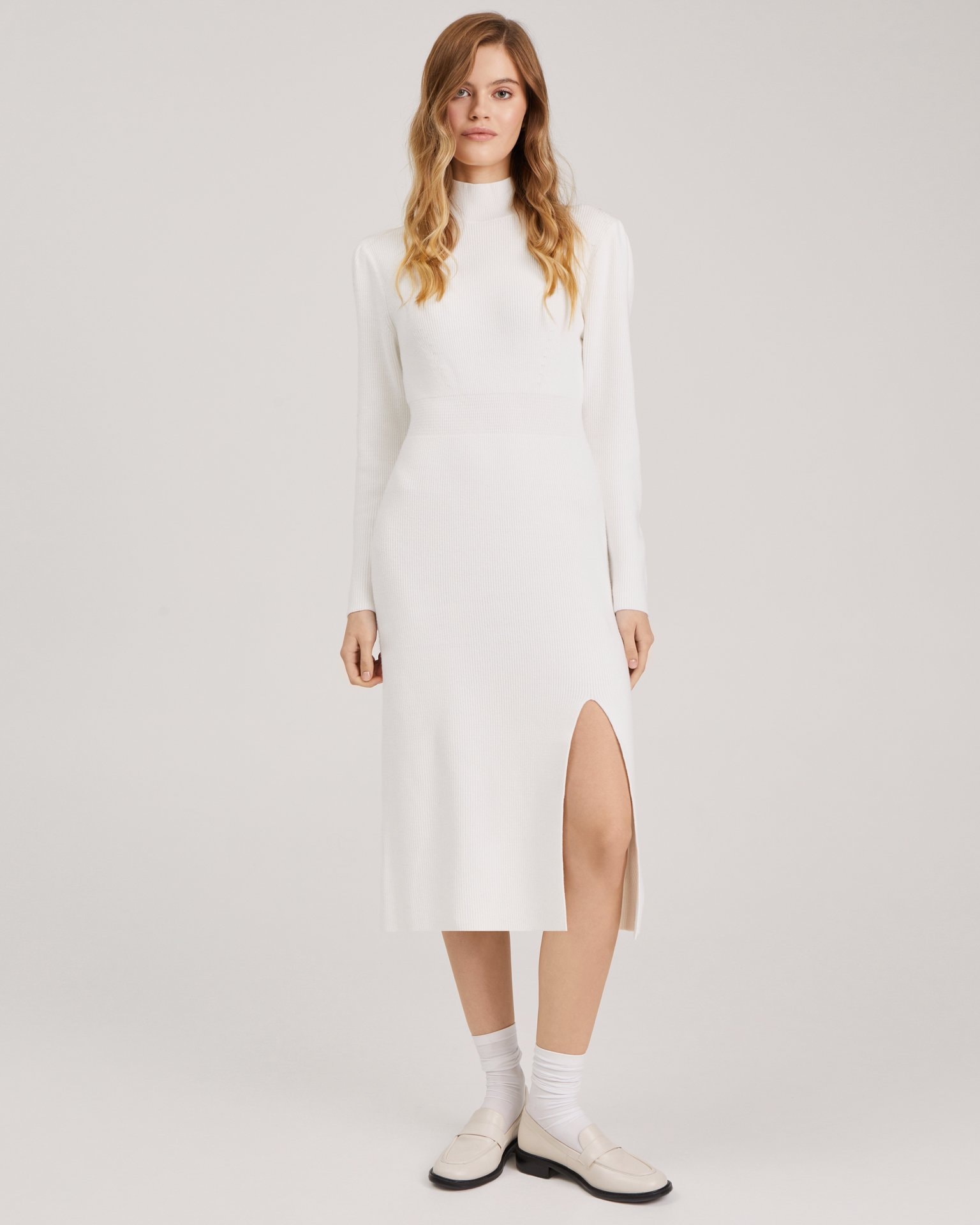 Knitted dress with a slit, Milk White — photo 2