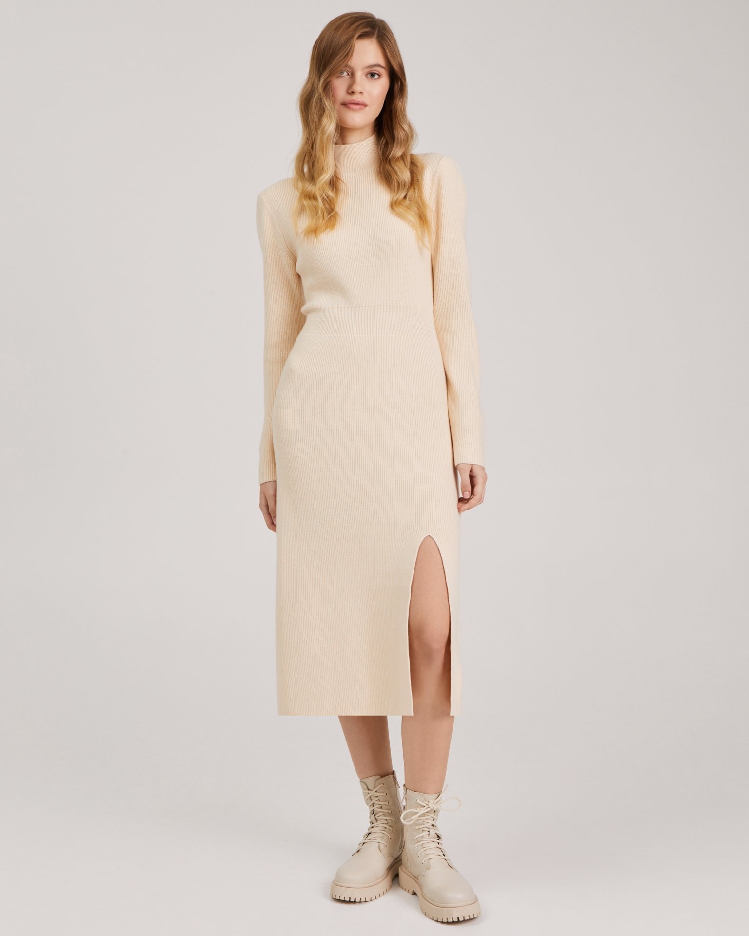 Knitted dress with a slit, Beige — photo 3