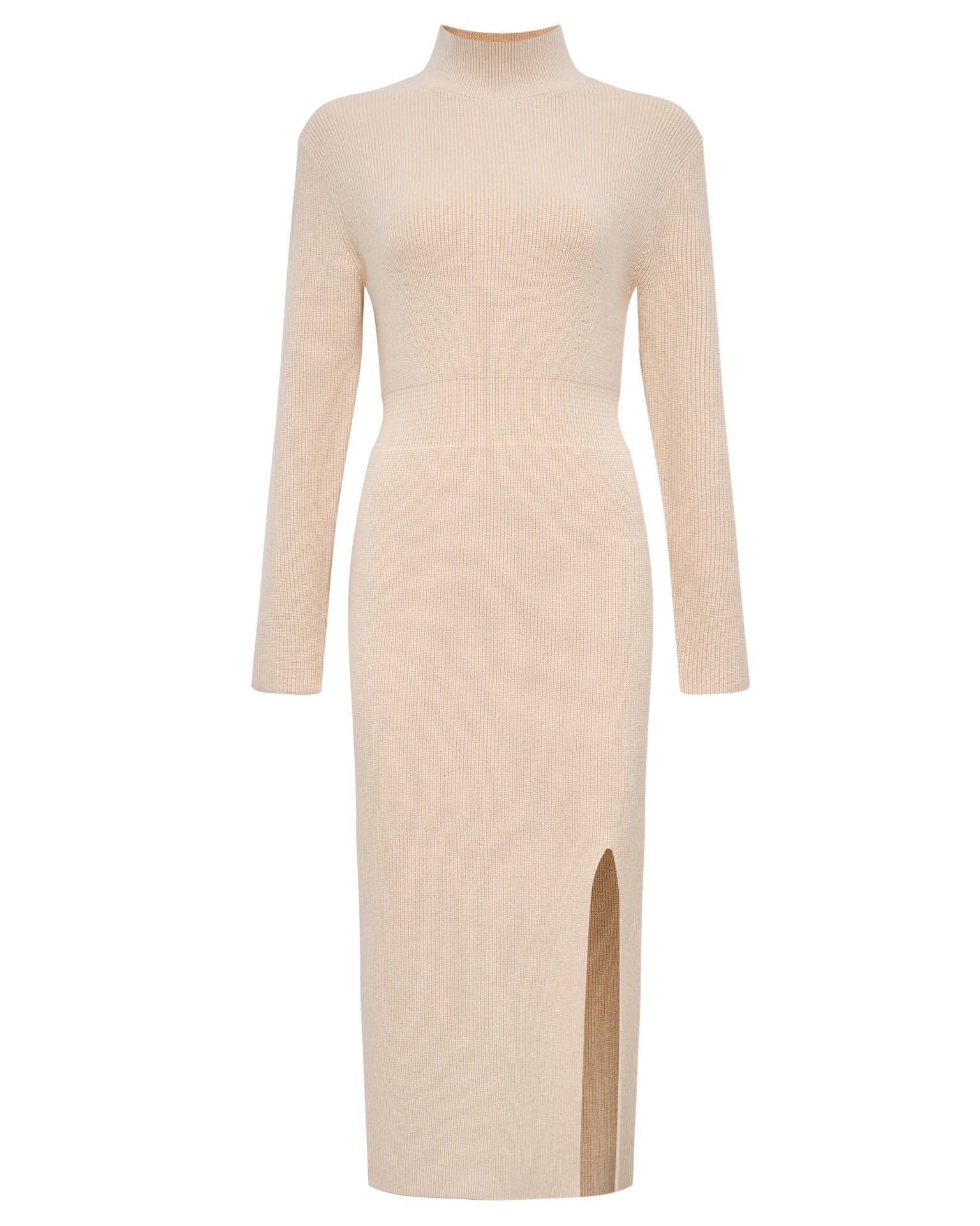 Knitted dress with a slit, Beige