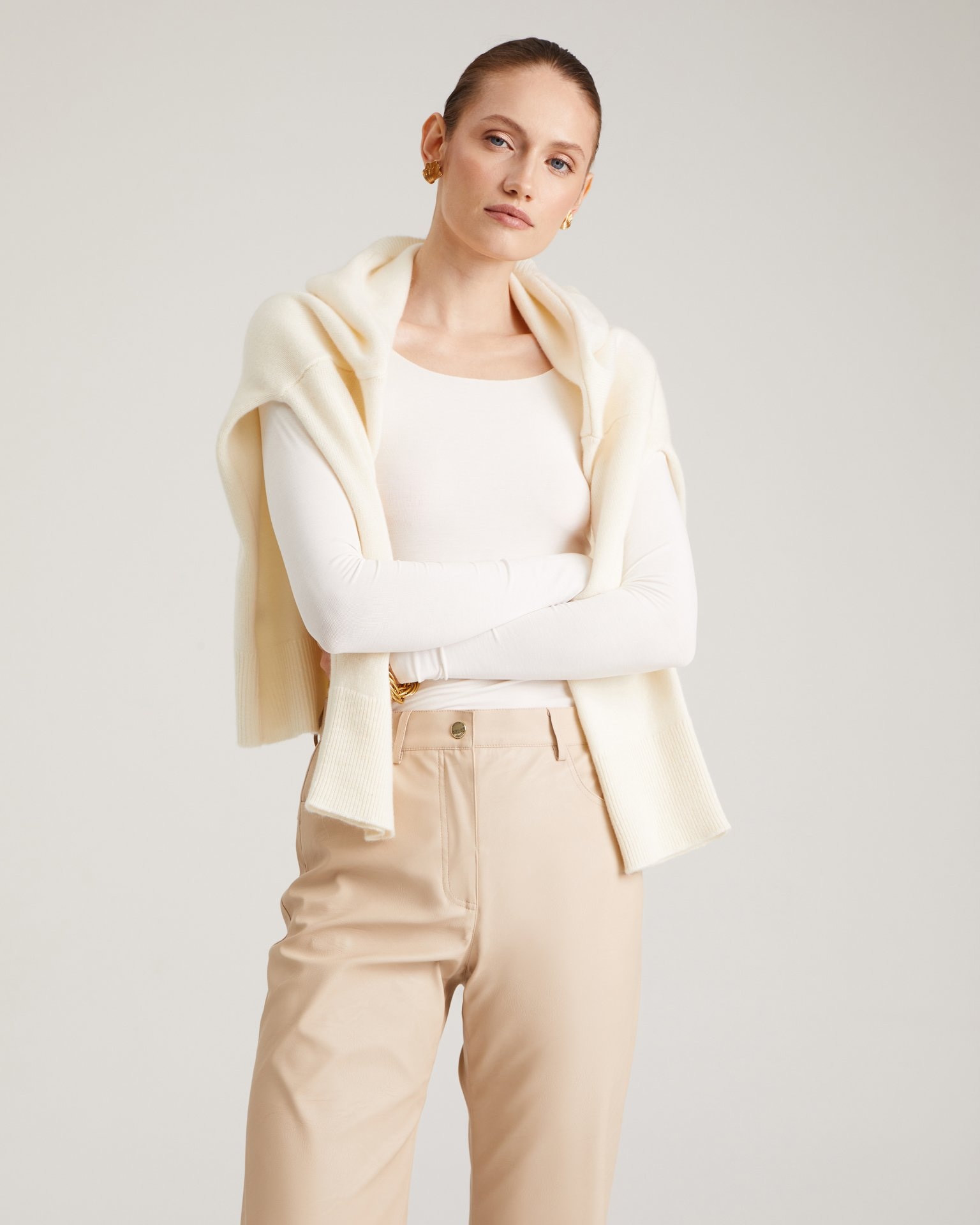 Beige faux leather trousers