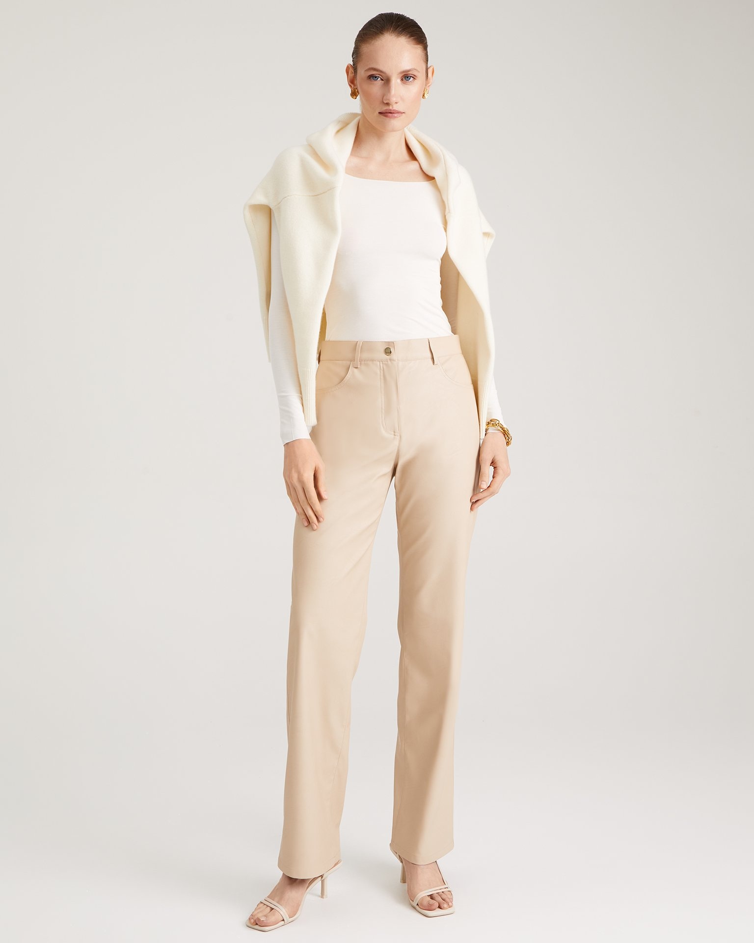 Beige faux leather trousers