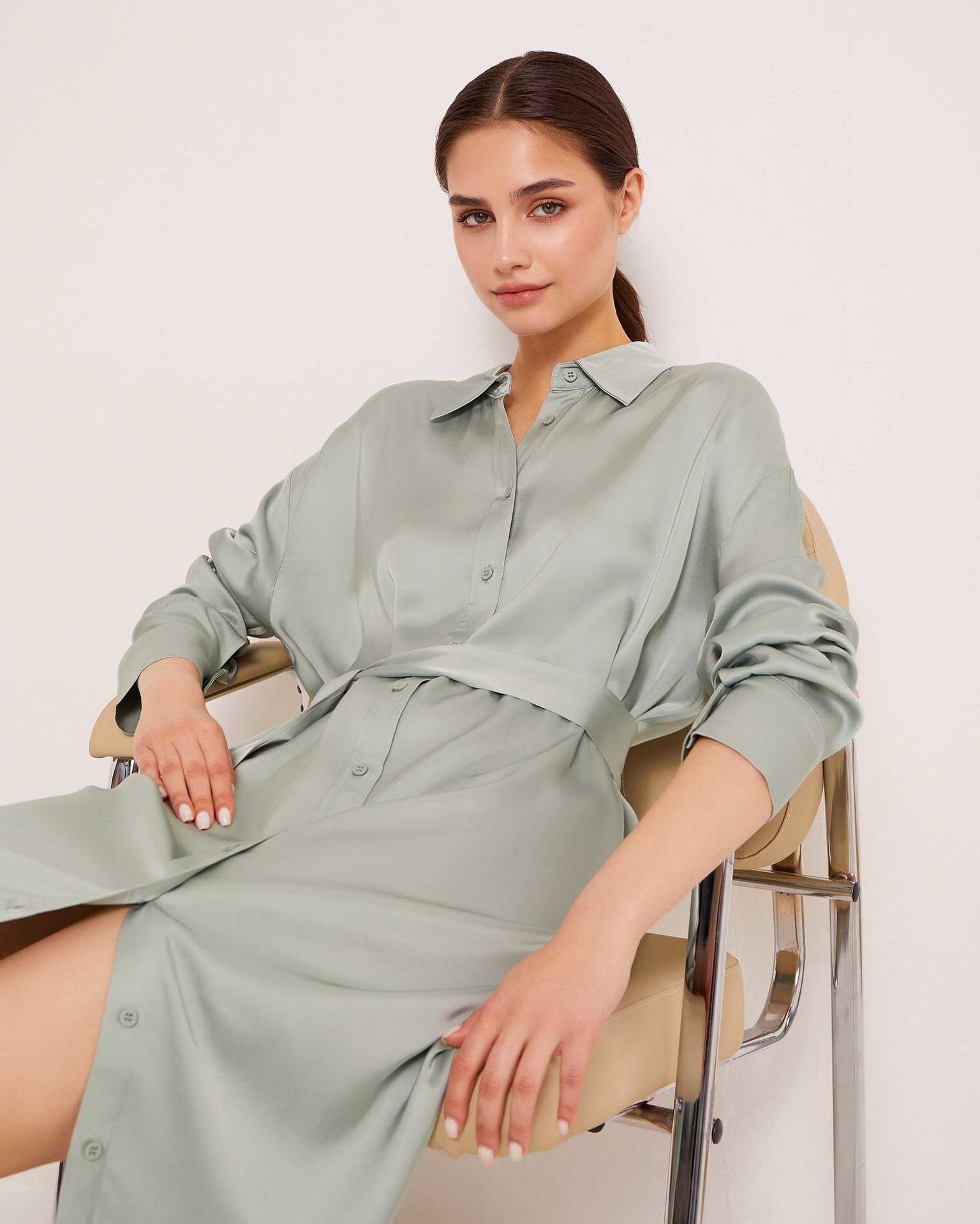 Satin shirt dress, Mint