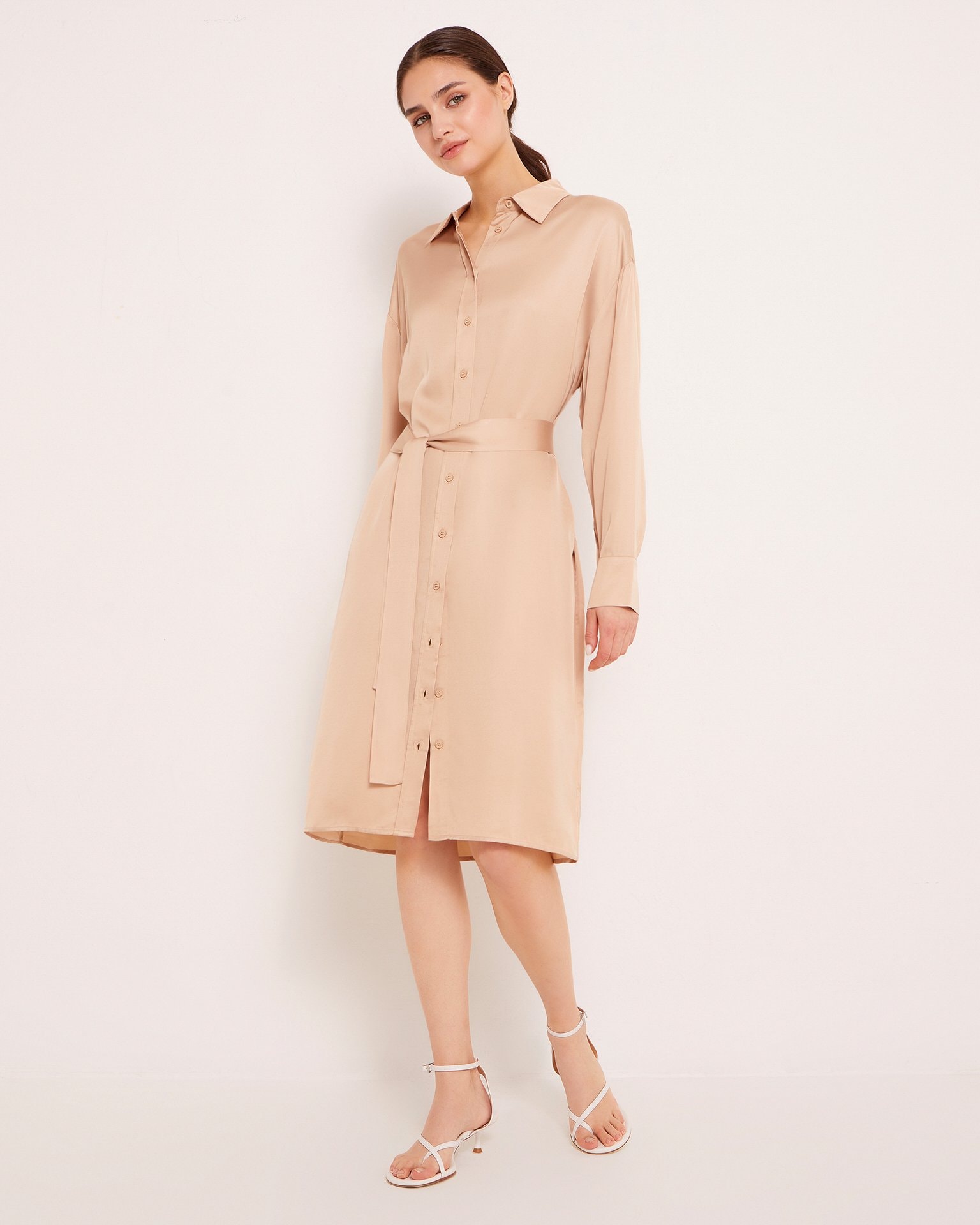 Shirt Dress with Belt, Beige — photo 2