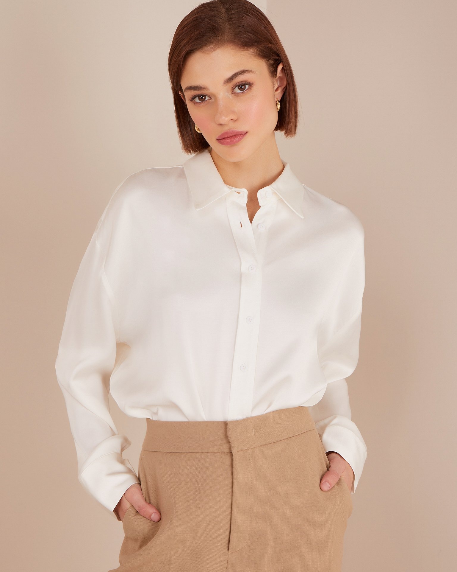 Snow-white satin shirt, White