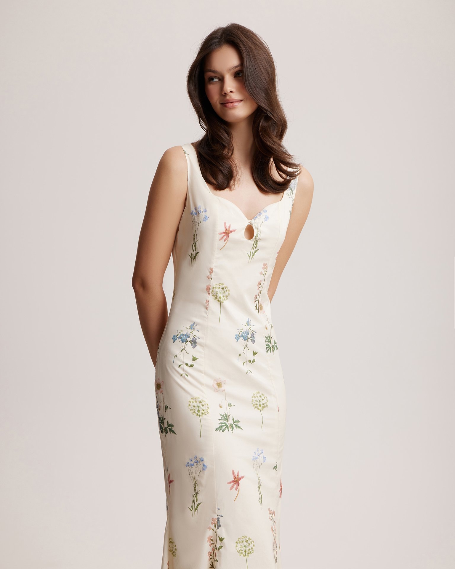 Dress with Floral Print and Accentuated Bodice, Milky — photo 2