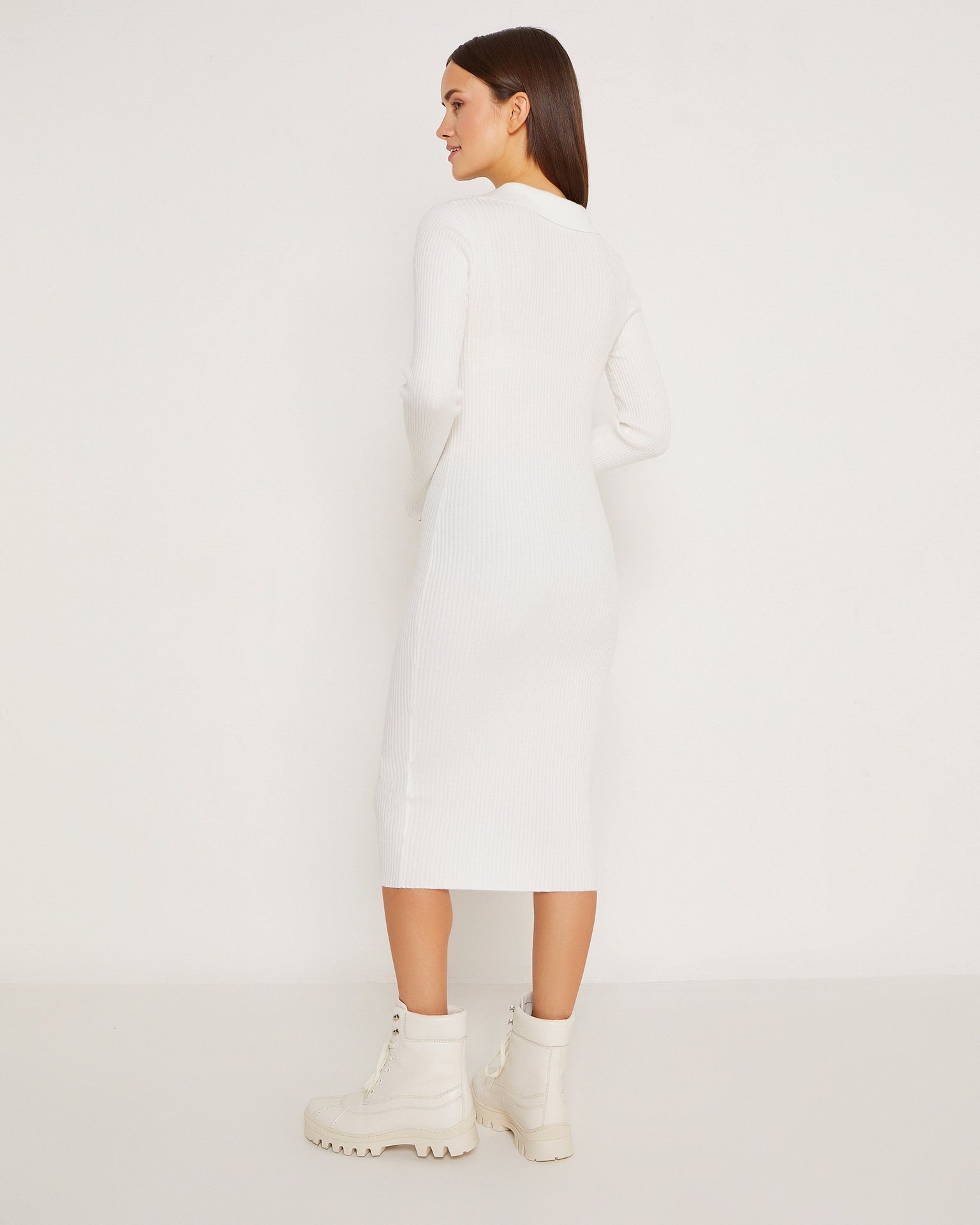White Dress with V-Neck, White — photo 5