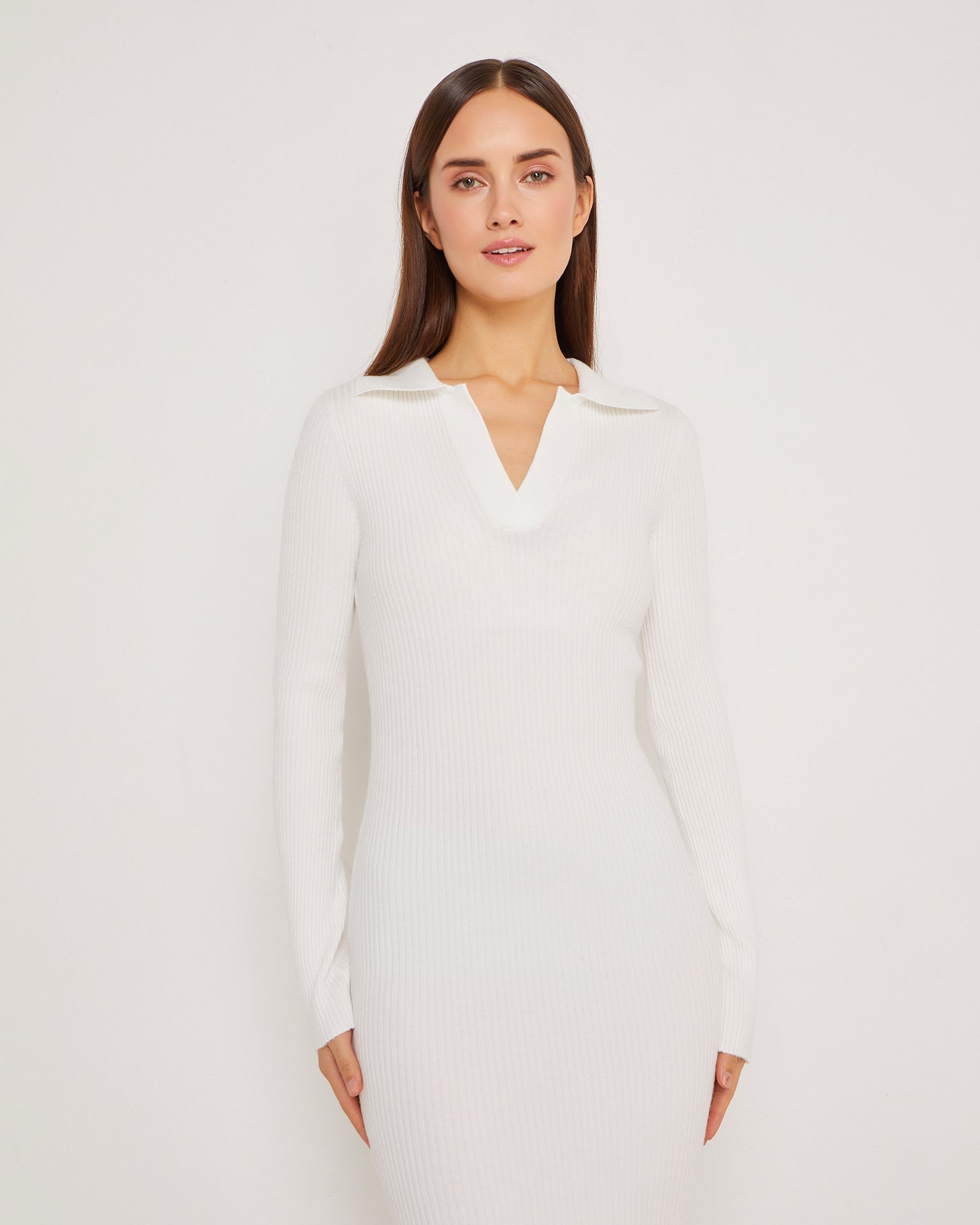 White Dress with V-Neck, White — photo 4