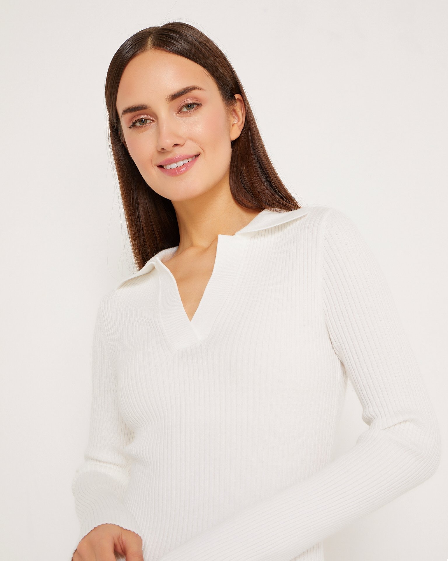 White Dress with V-Neck, White — photo 6