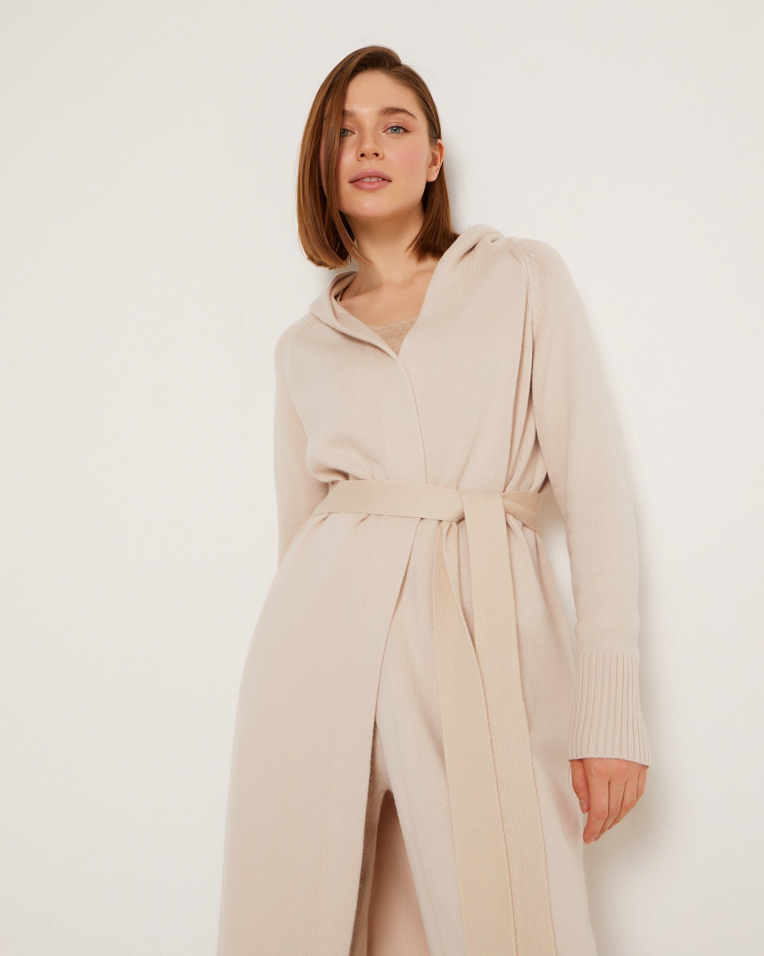 Long hooded cardigan, Beige — photo 7