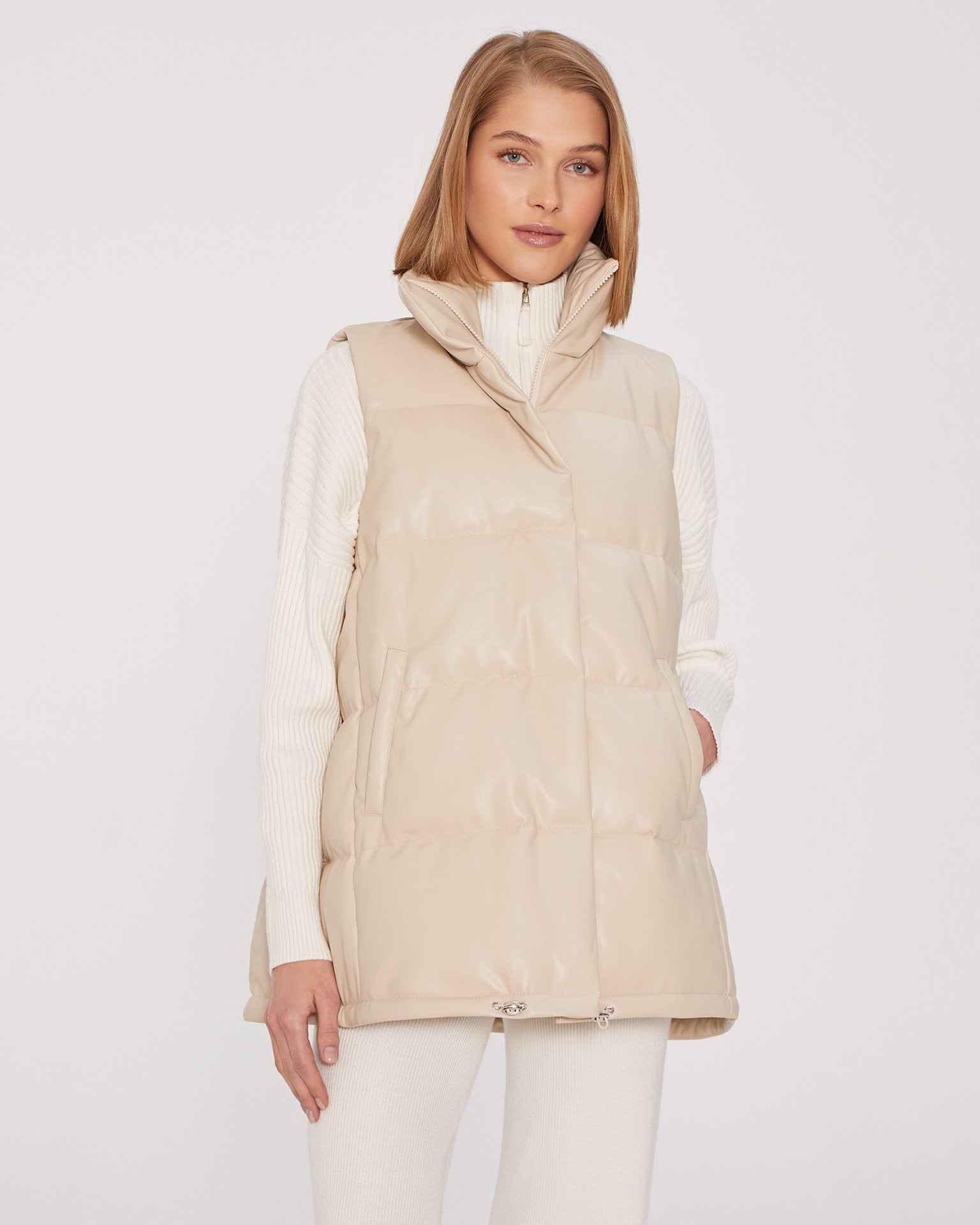 Quilted vest with a stand-up collar in cream, Cream — photo 2