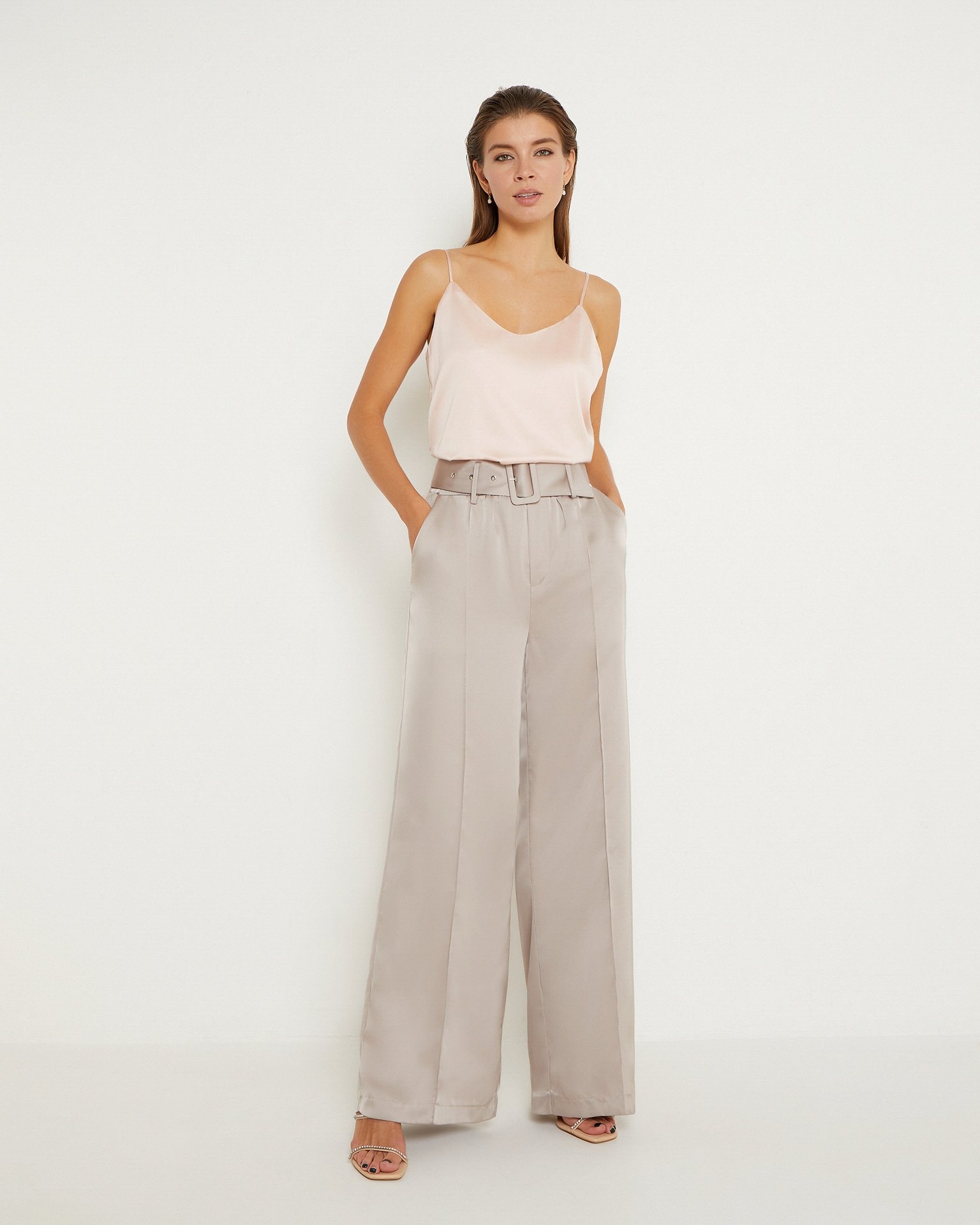Wide-leg satin trousers, Nude