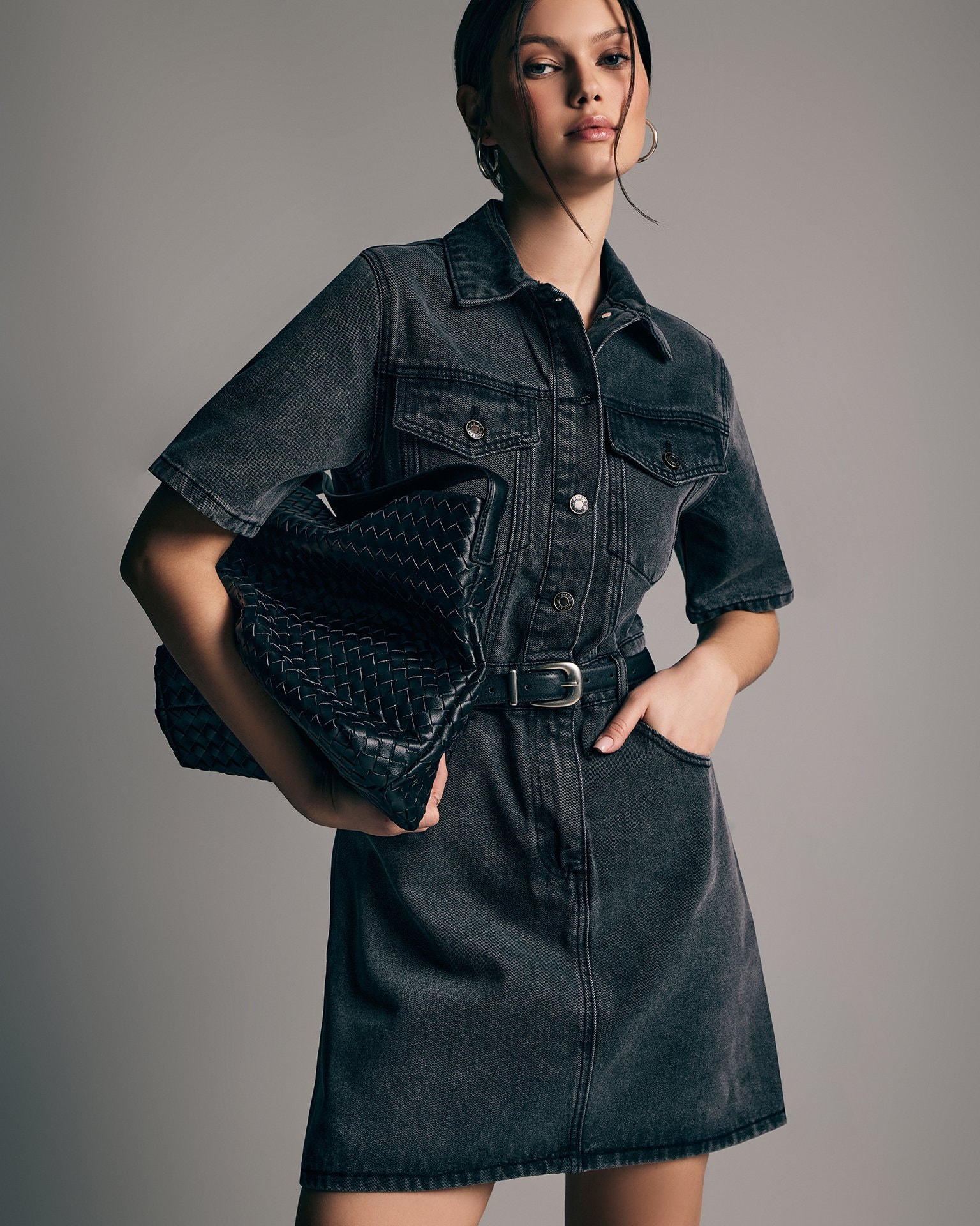 Denim mini dress, Grey