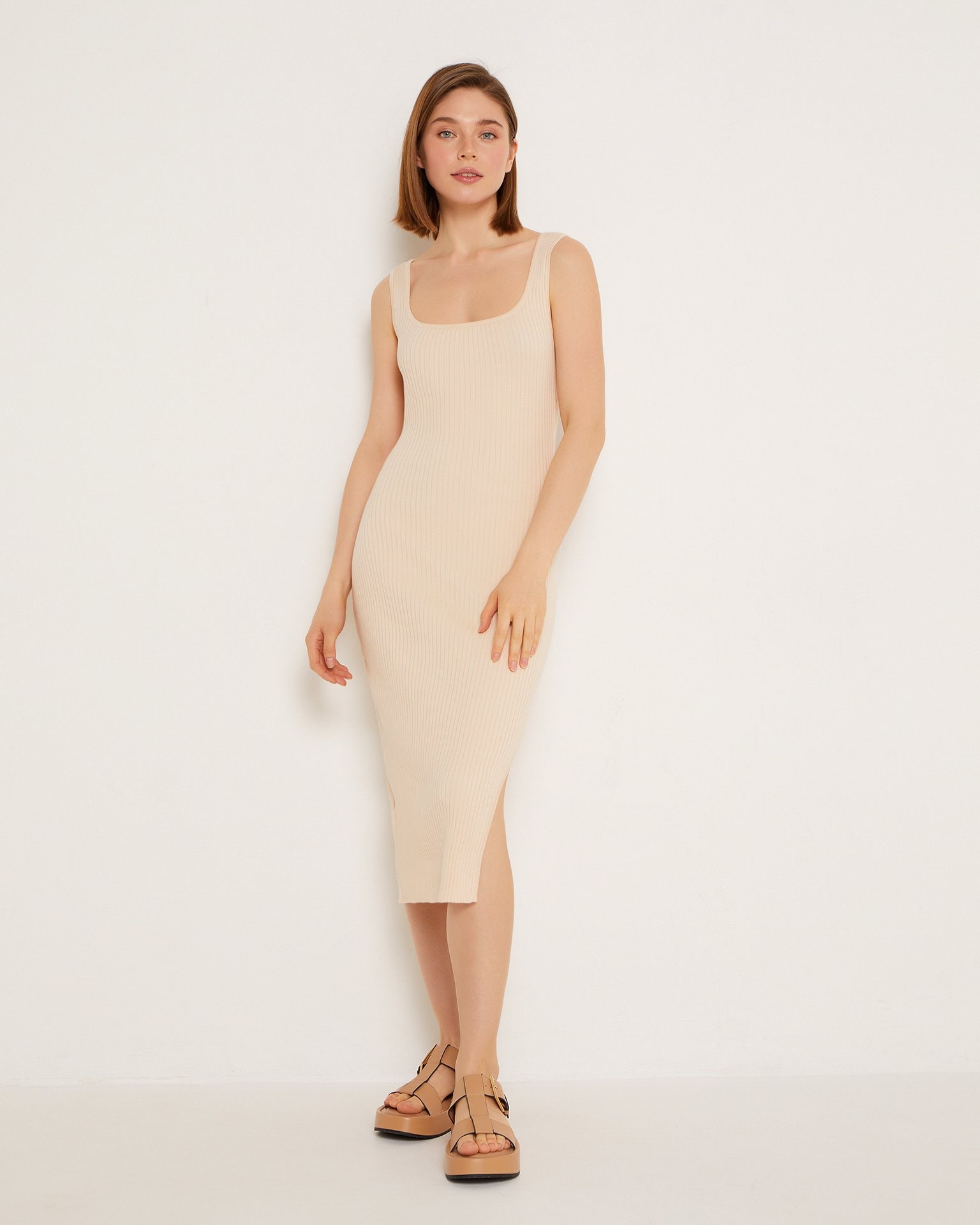 Dress with round neckline, Beige — photo 3