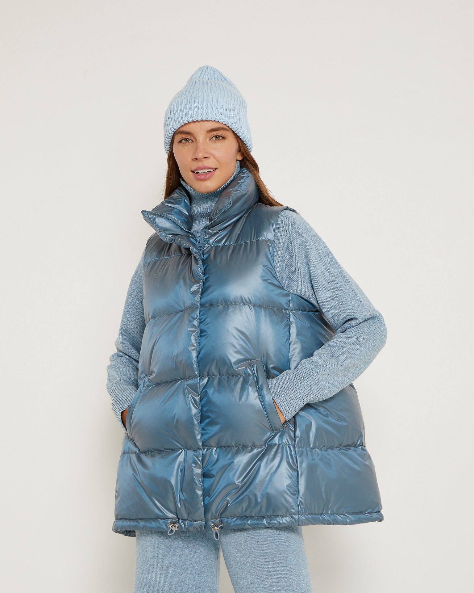 Down and feather filled vest in light blue, Grey-Blue — photo 4