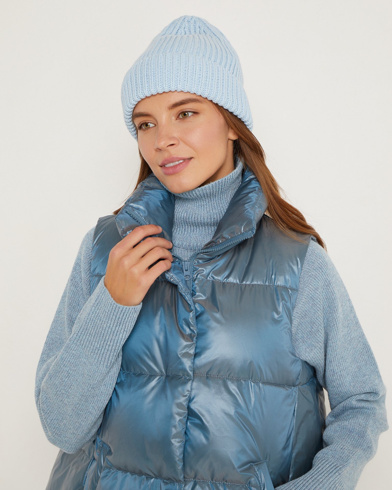 Down and feather filled vest in light blue, Grey-Blue — photo 6