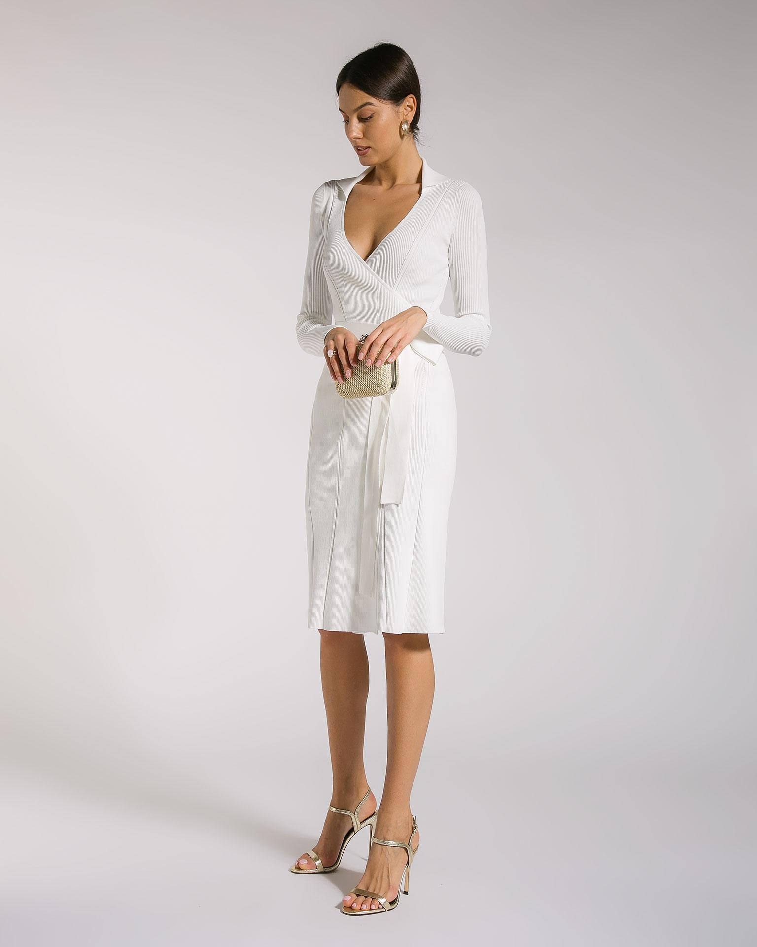 Snow-white dress with a fitted cut and a deep neckline, White — photo 2