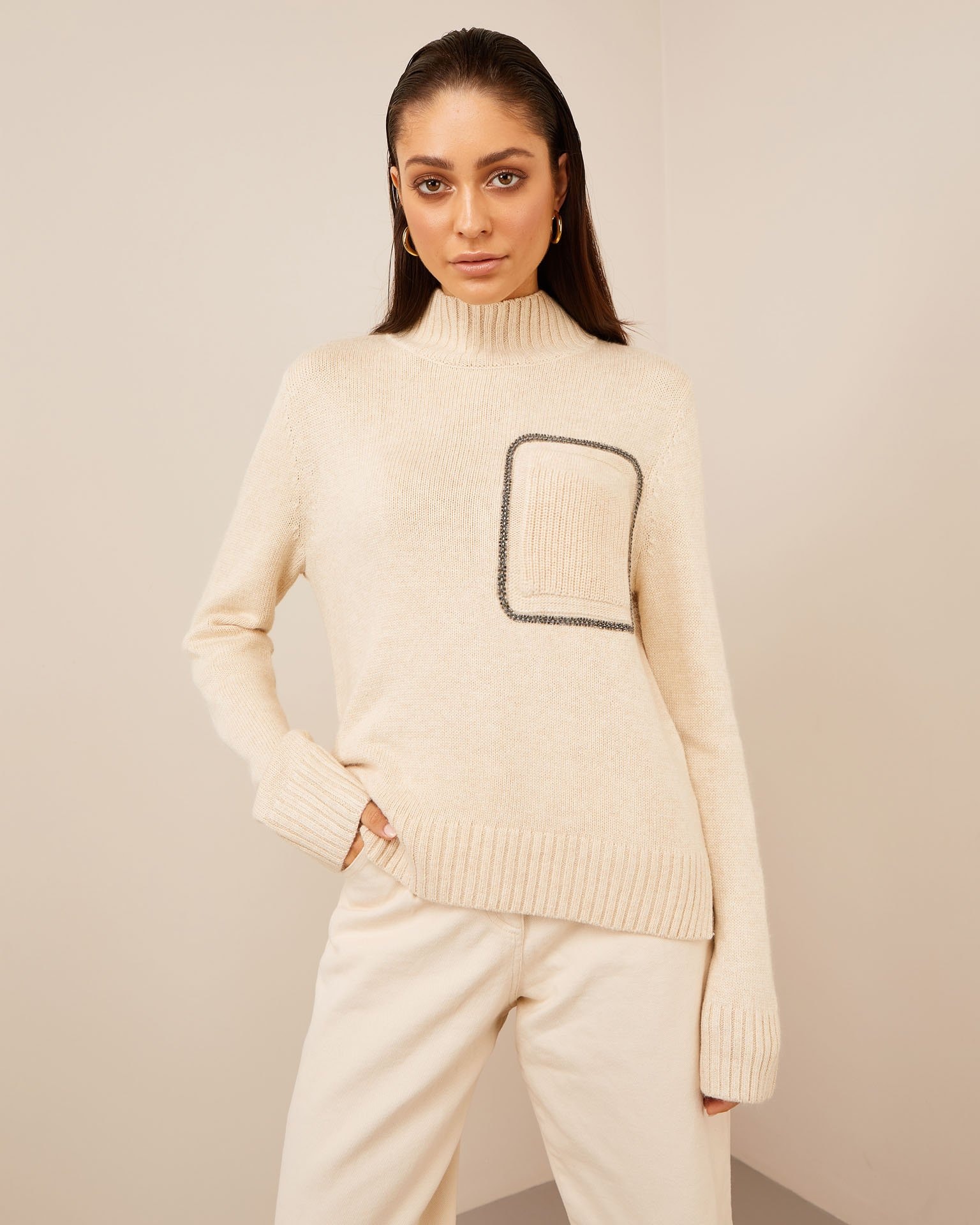 Jumper with elongated back, Beige — photo 2