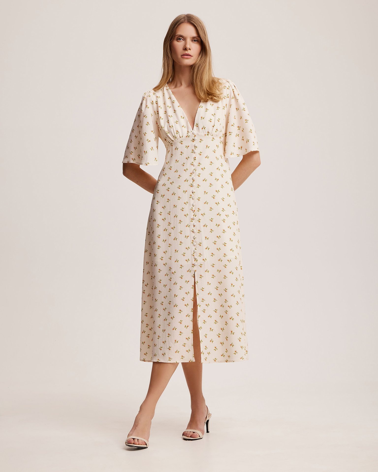 Dress with a V-neck, Light Beige — photo 5