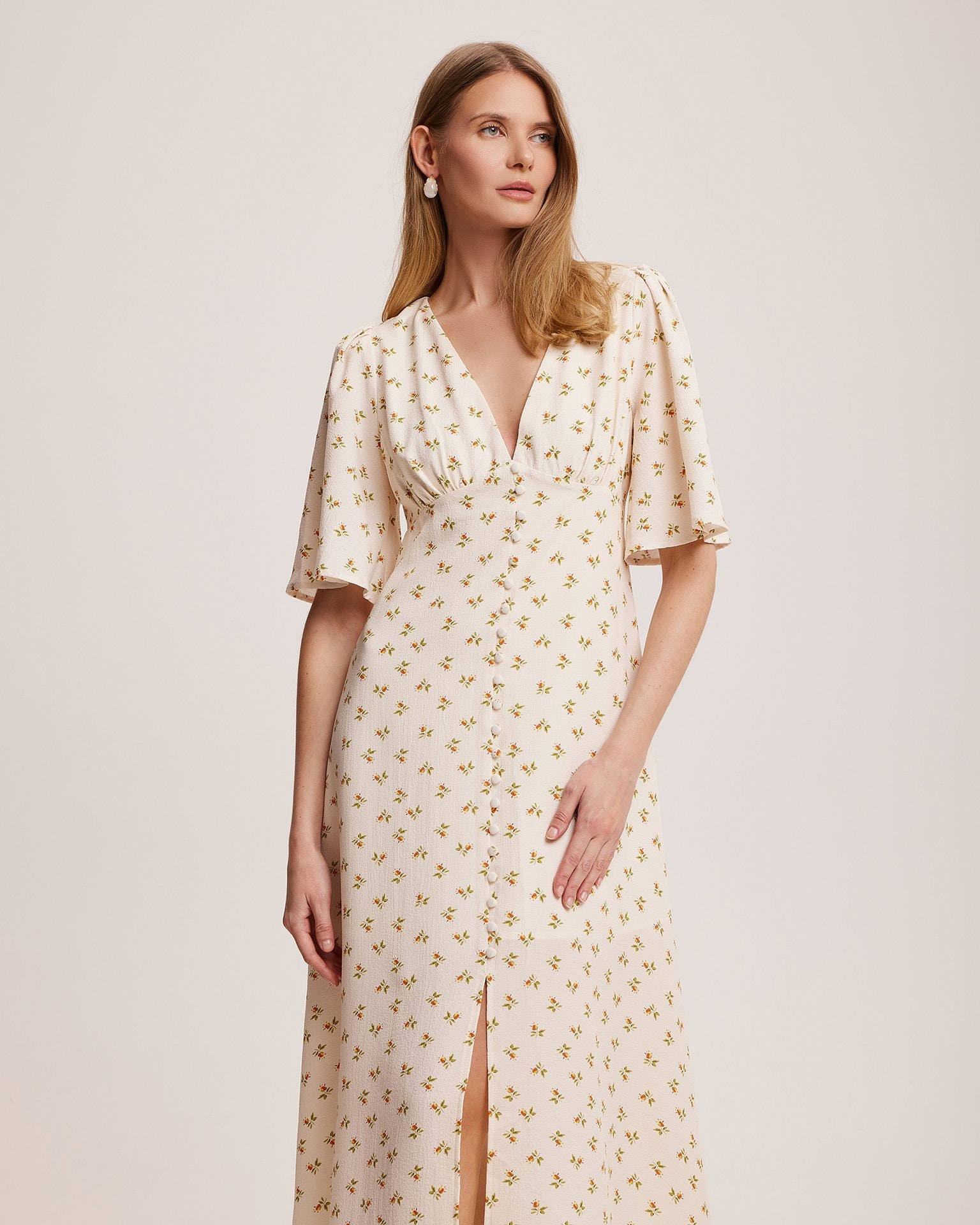Dress with a V-neck, Light Beige — photo 3