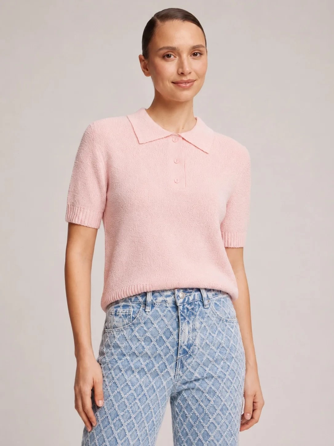 Polo jumper made of boucle yarn, Pink