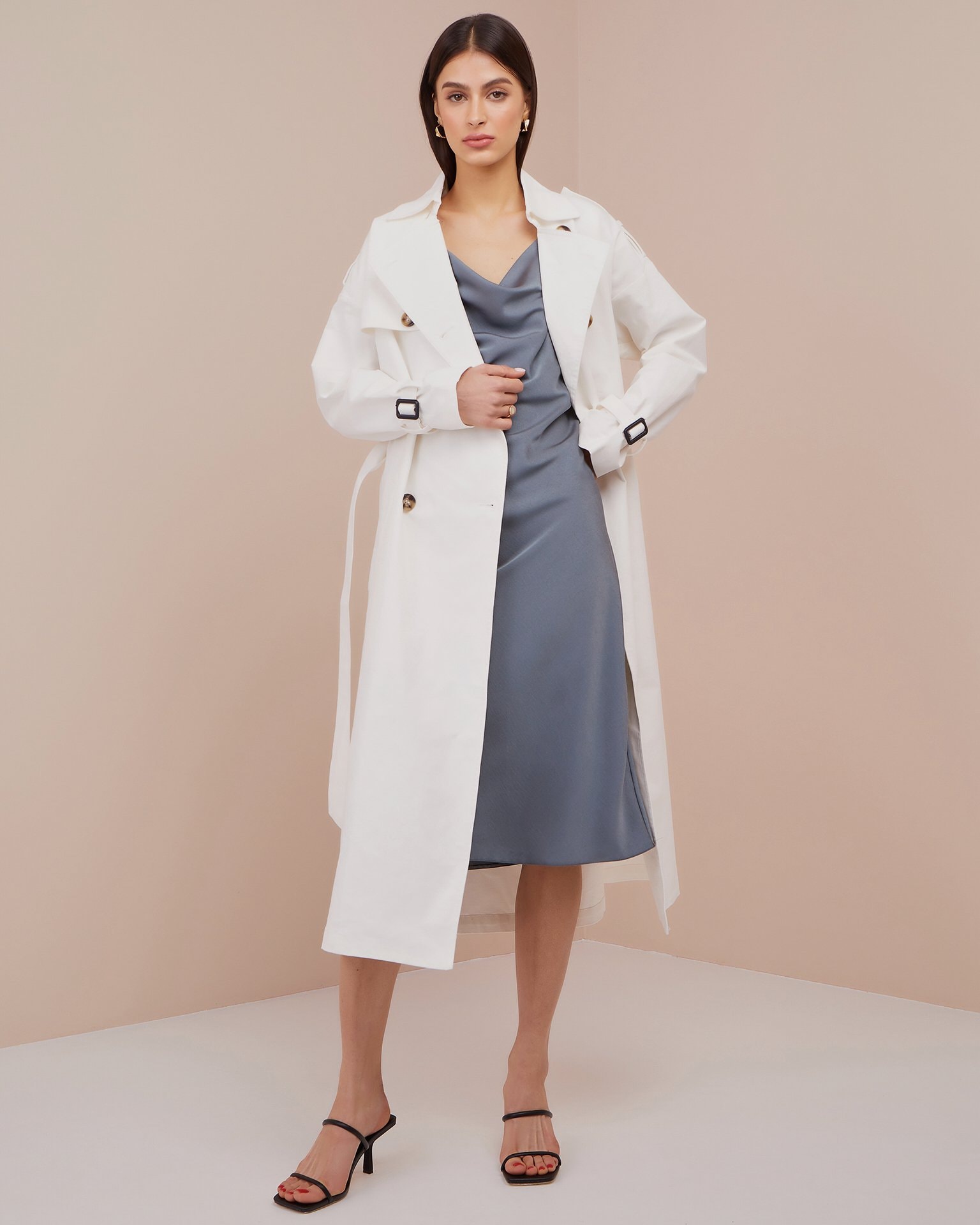 Trench Coat with Accent Straps, Milky — photo 2