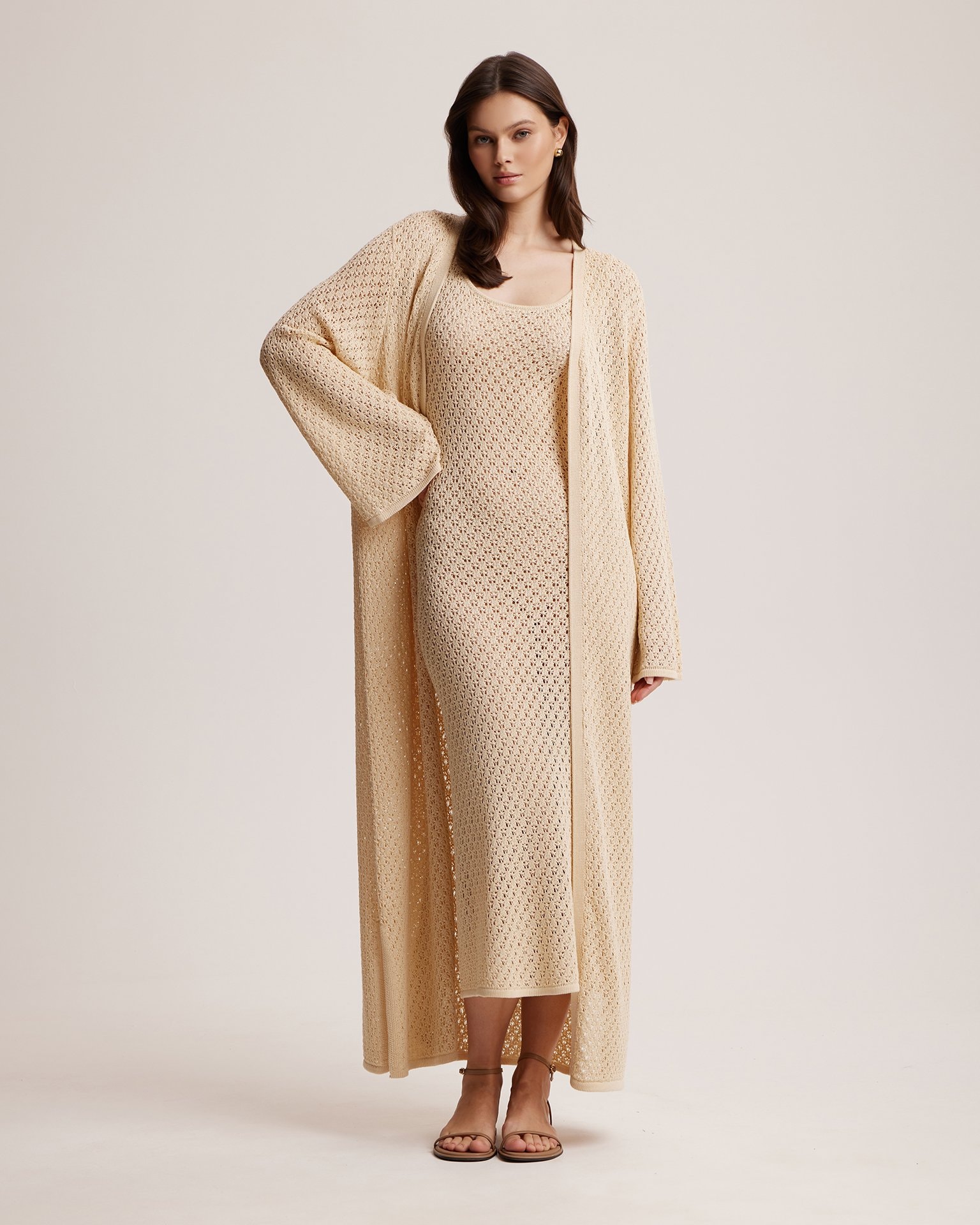 Crochet-effect knit dress, Beige — photo 6