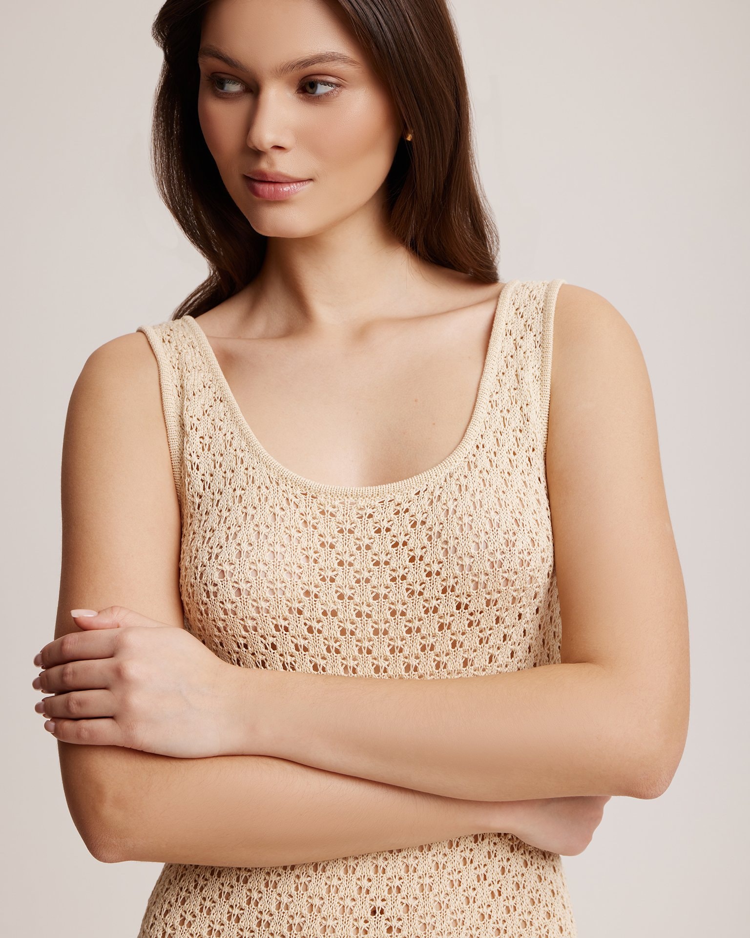 Crochet-effect knit dress, Beige — photo 8