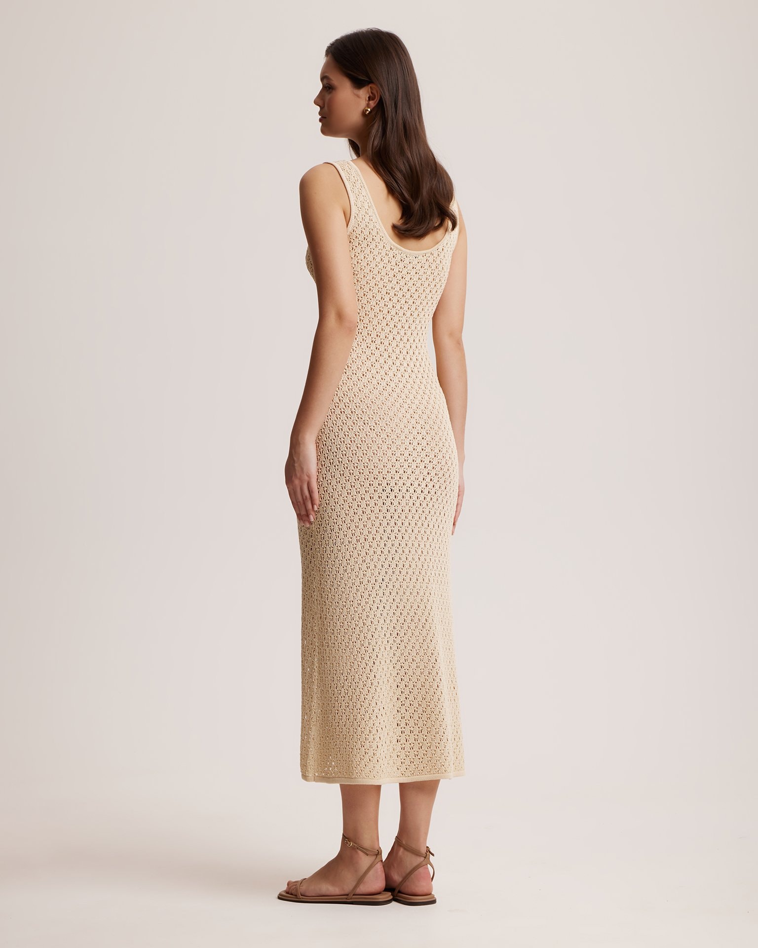 Crochet-effect knit dress, Beige — photo 3