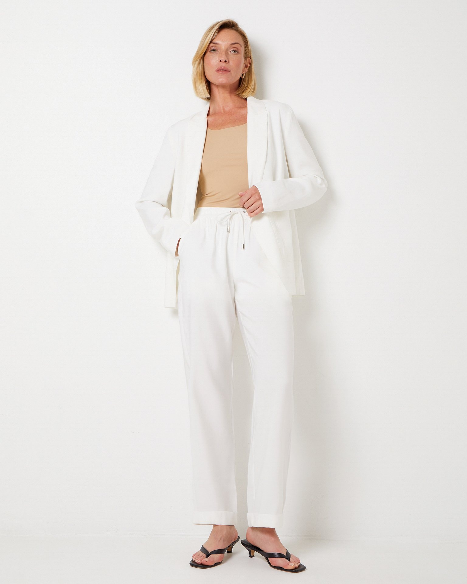 Elasticated Waist Trousers in White, White