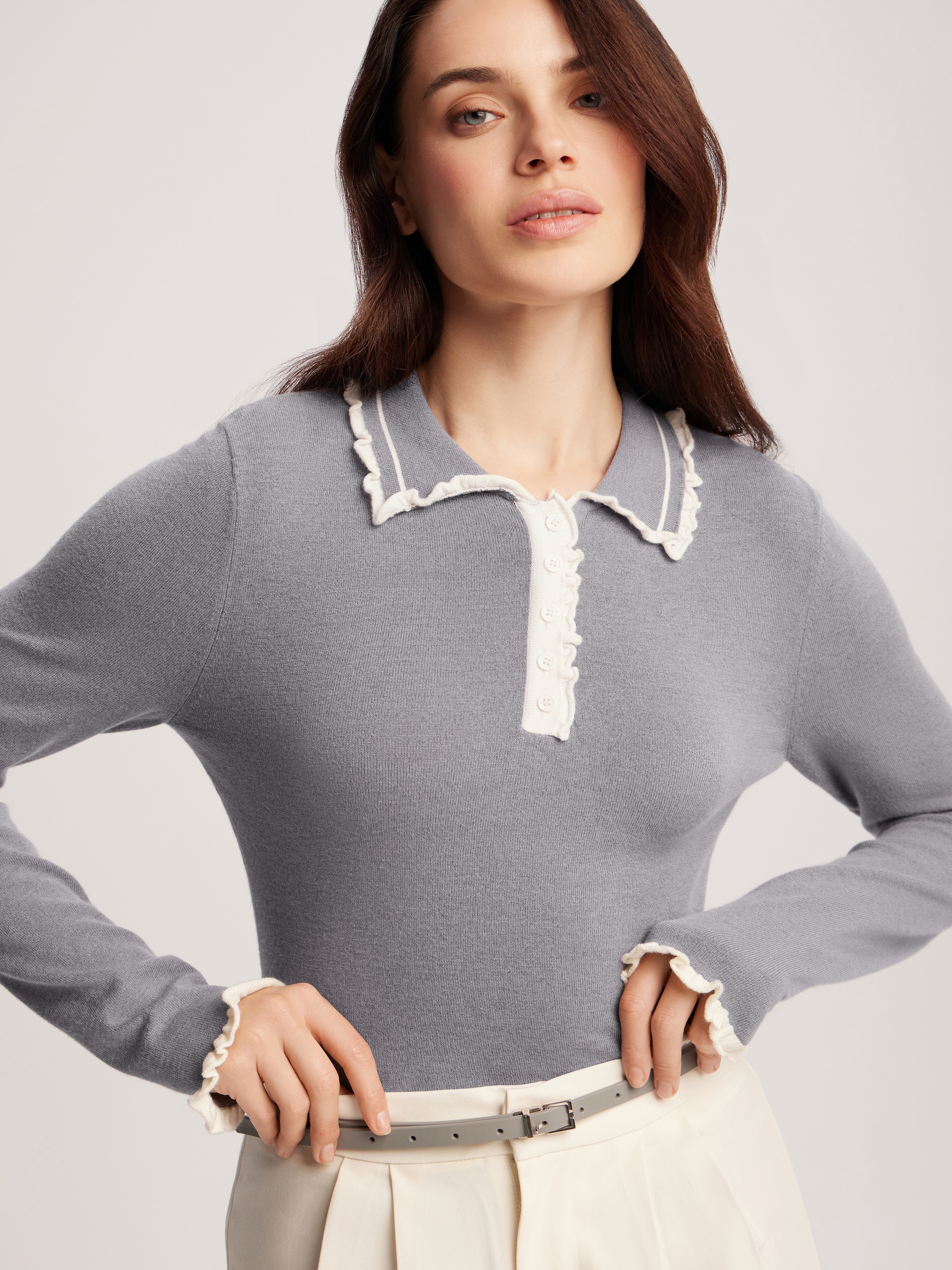 long-sleeved polo shirt, Gray — photo 4