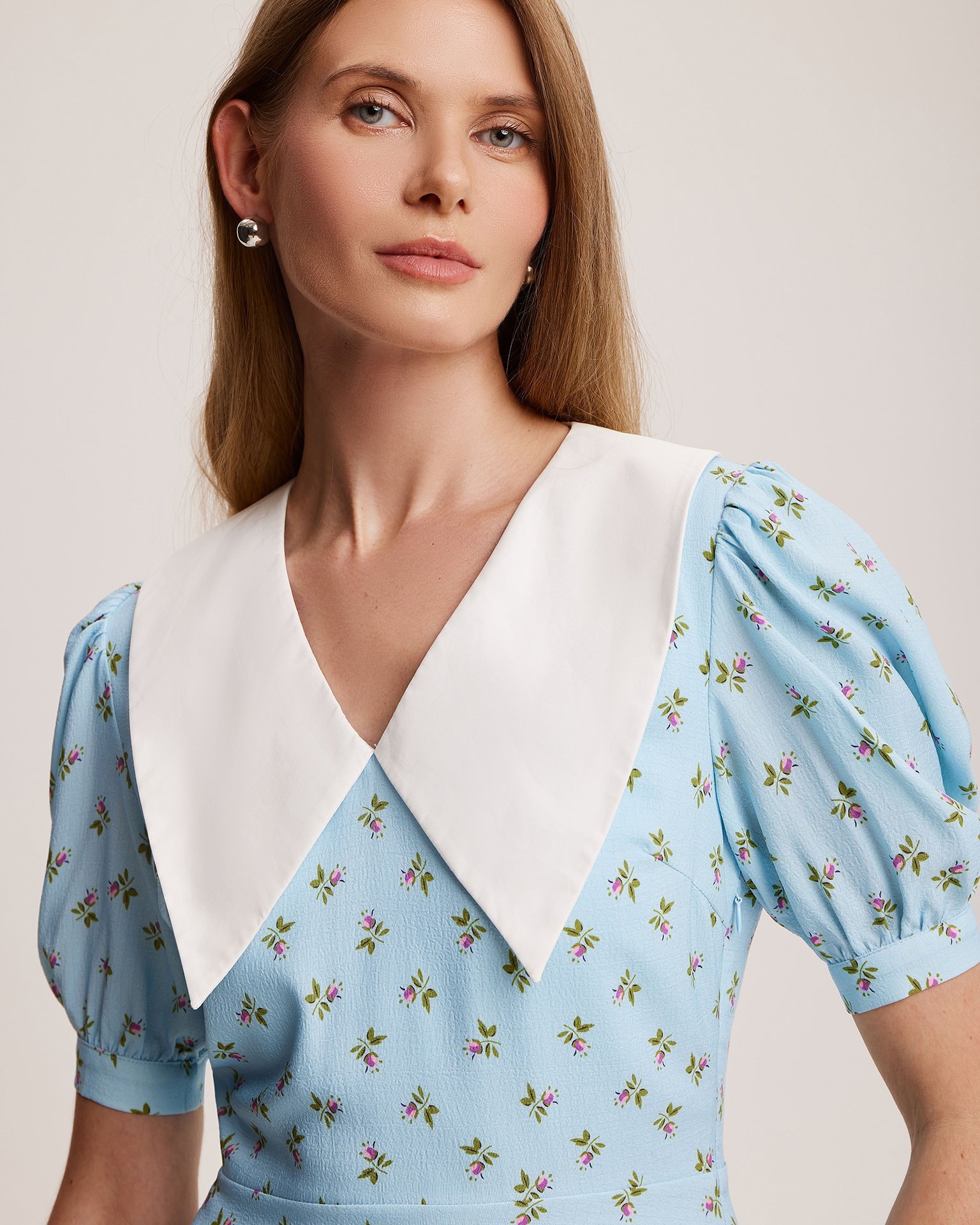 Blue dress with a white collar, Light Blue — photo 6
