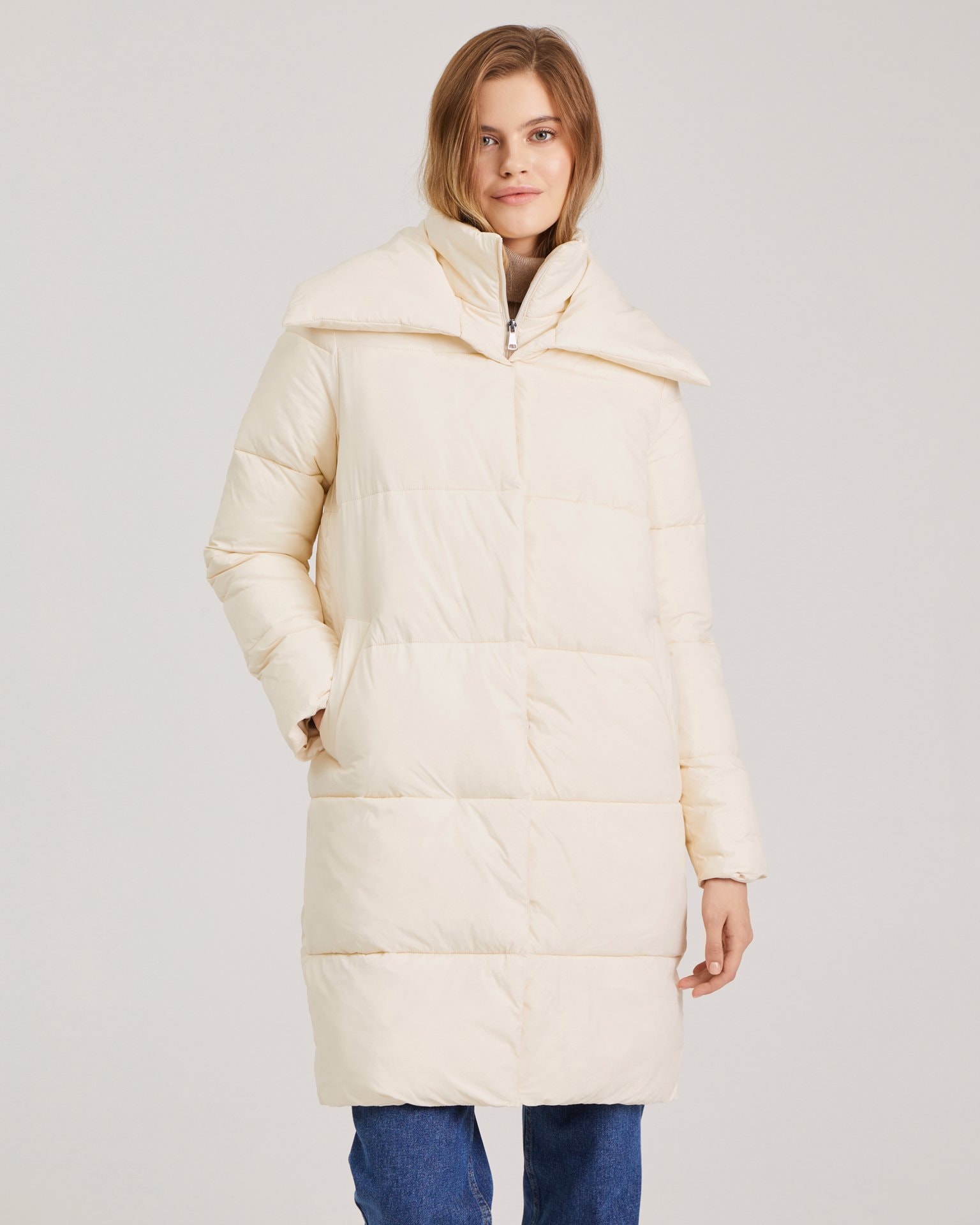 Down coat with turn-down collar, Beige — photo 2