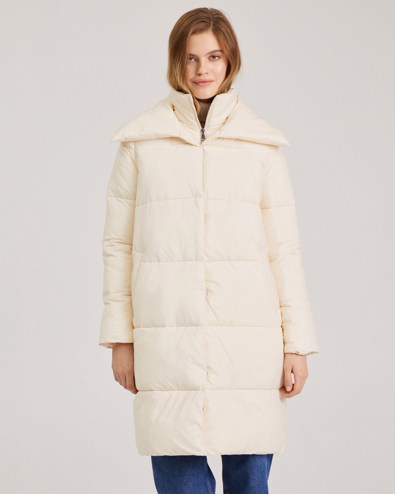 Down coat with turn-down collar, Beige — photo 7