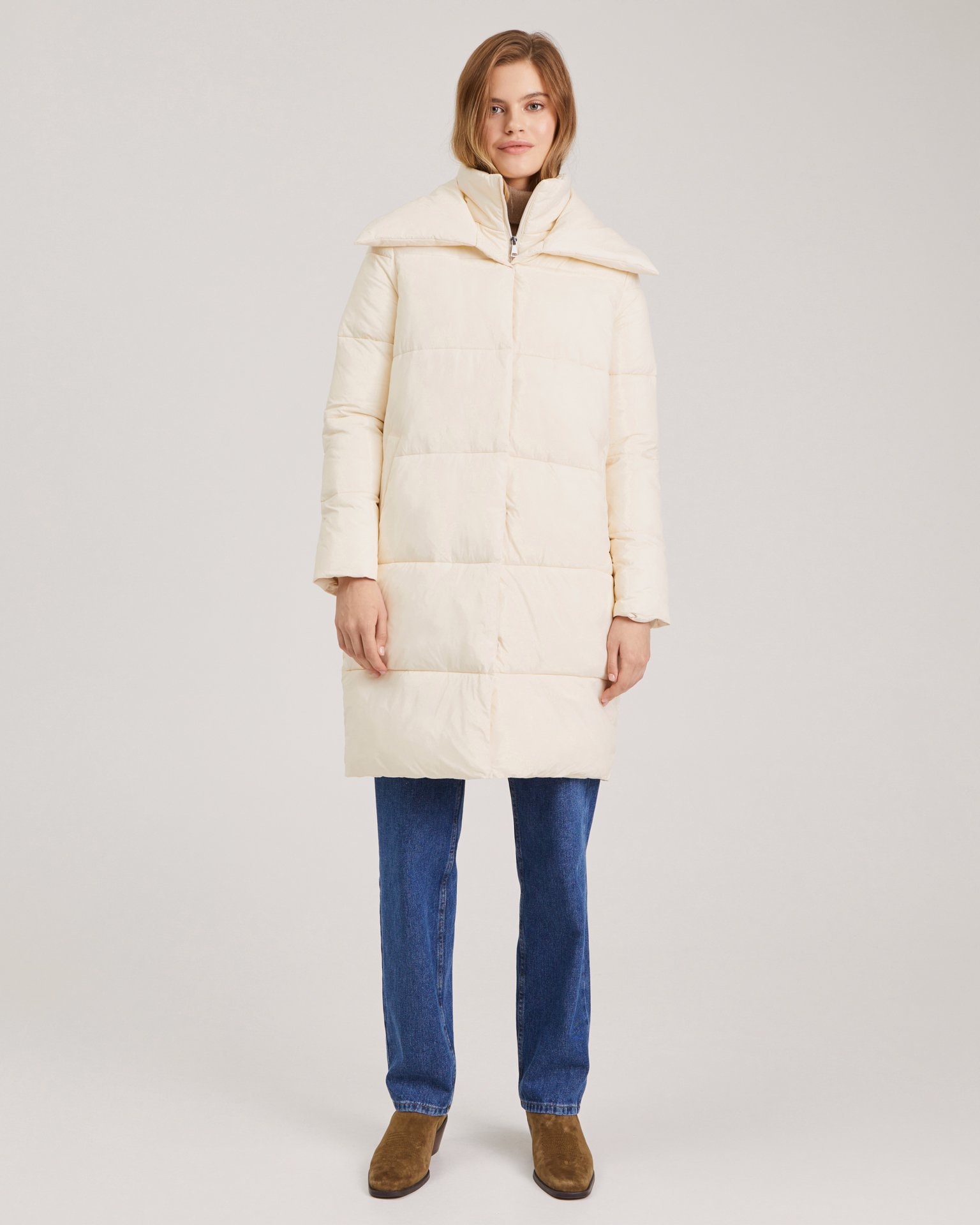 Down coat with turn-down collar, Beige — photo 6