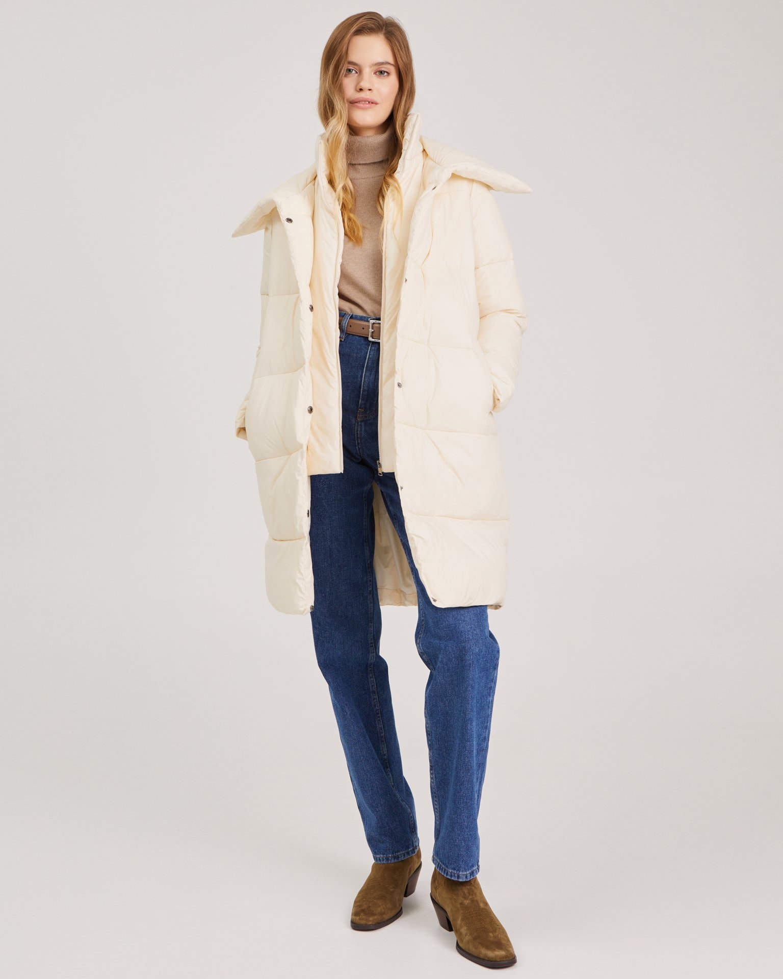 Down coat with turn-down collar, Beige — photo 3