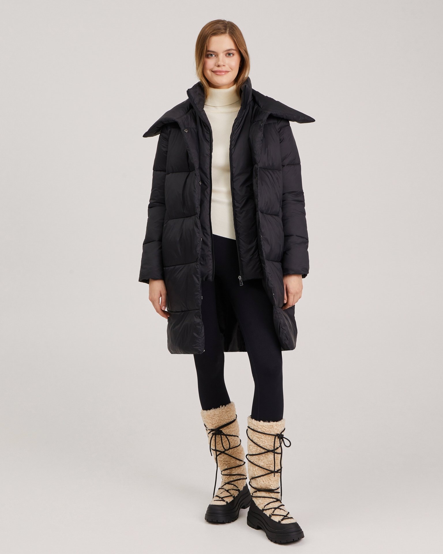 Puffer jacket with a fold-down collar, Black — photo 4