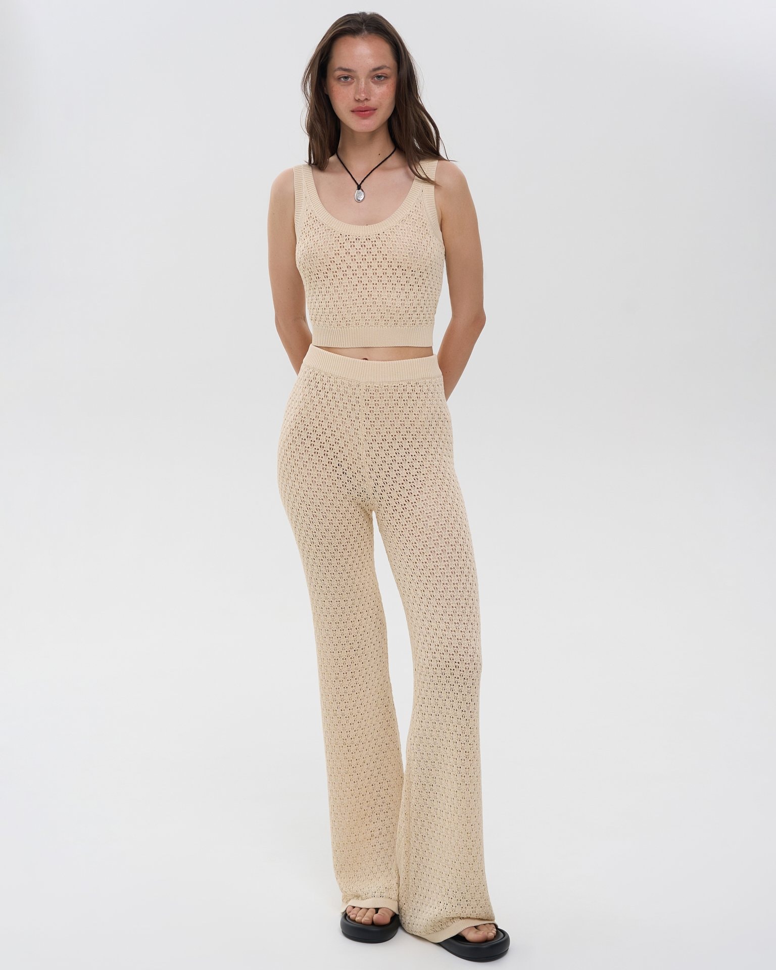 Flared trousers with elastic waist, Beige