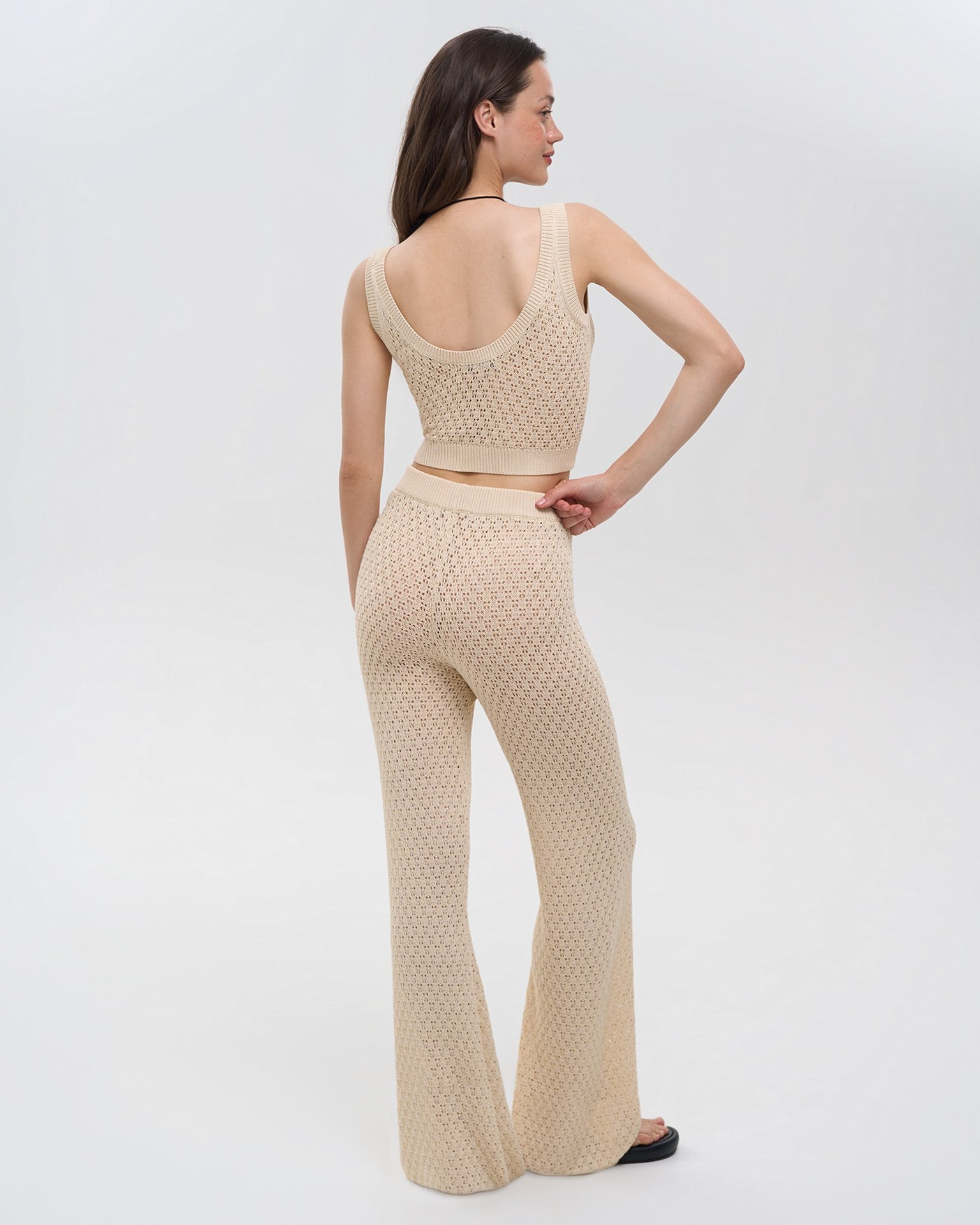 Flared trousers with elastic waist, Beige — photo 3