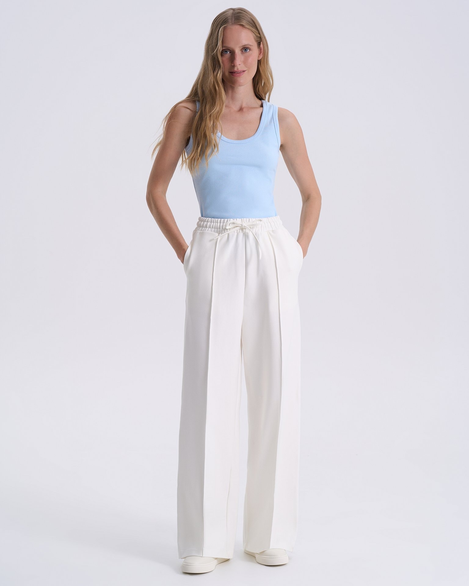 Wide-leg trousers with creases, White — photo 2